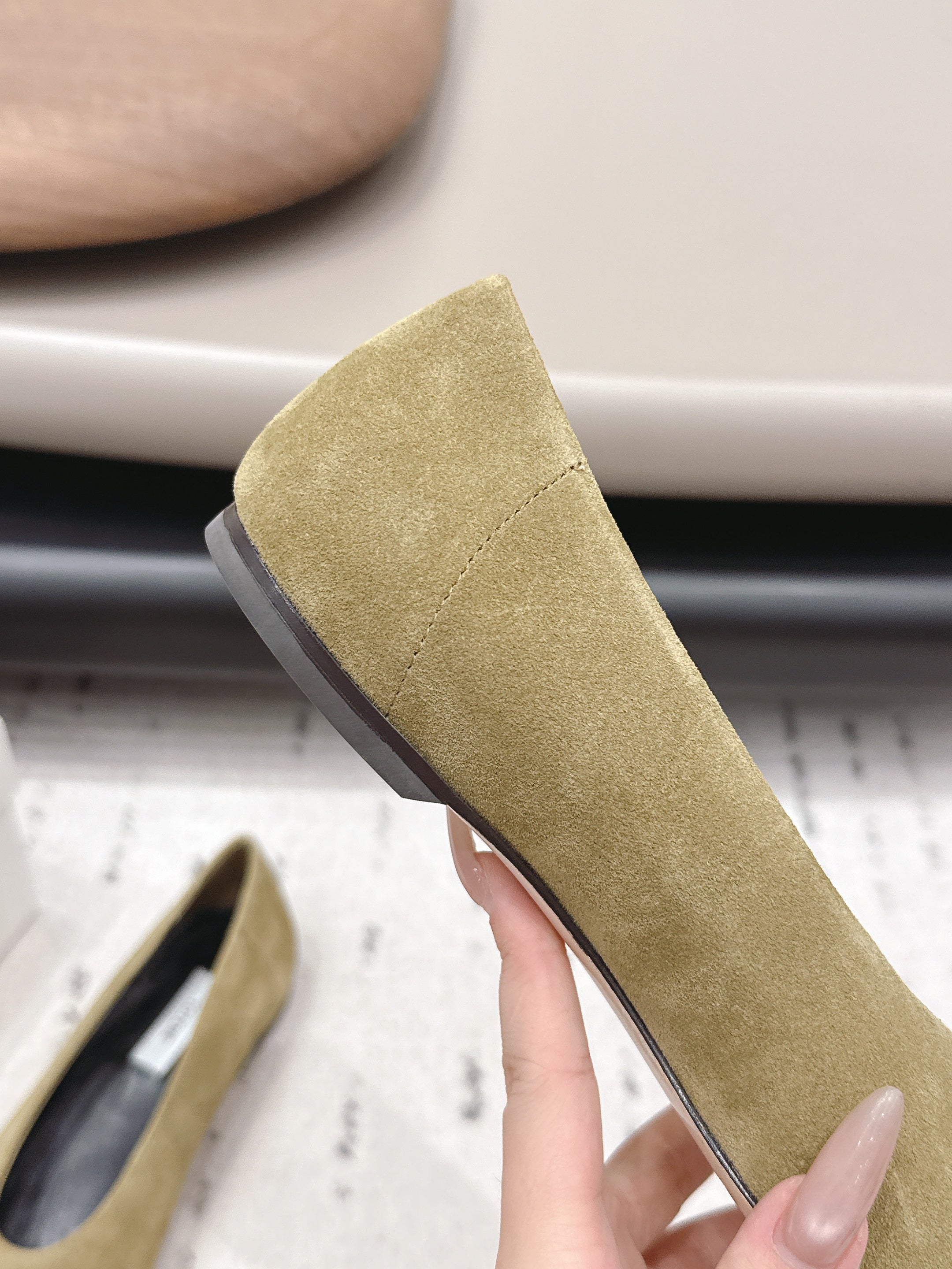 THE ROW 26S BALLET FLATS IN OLIVE BROWN SUEDE