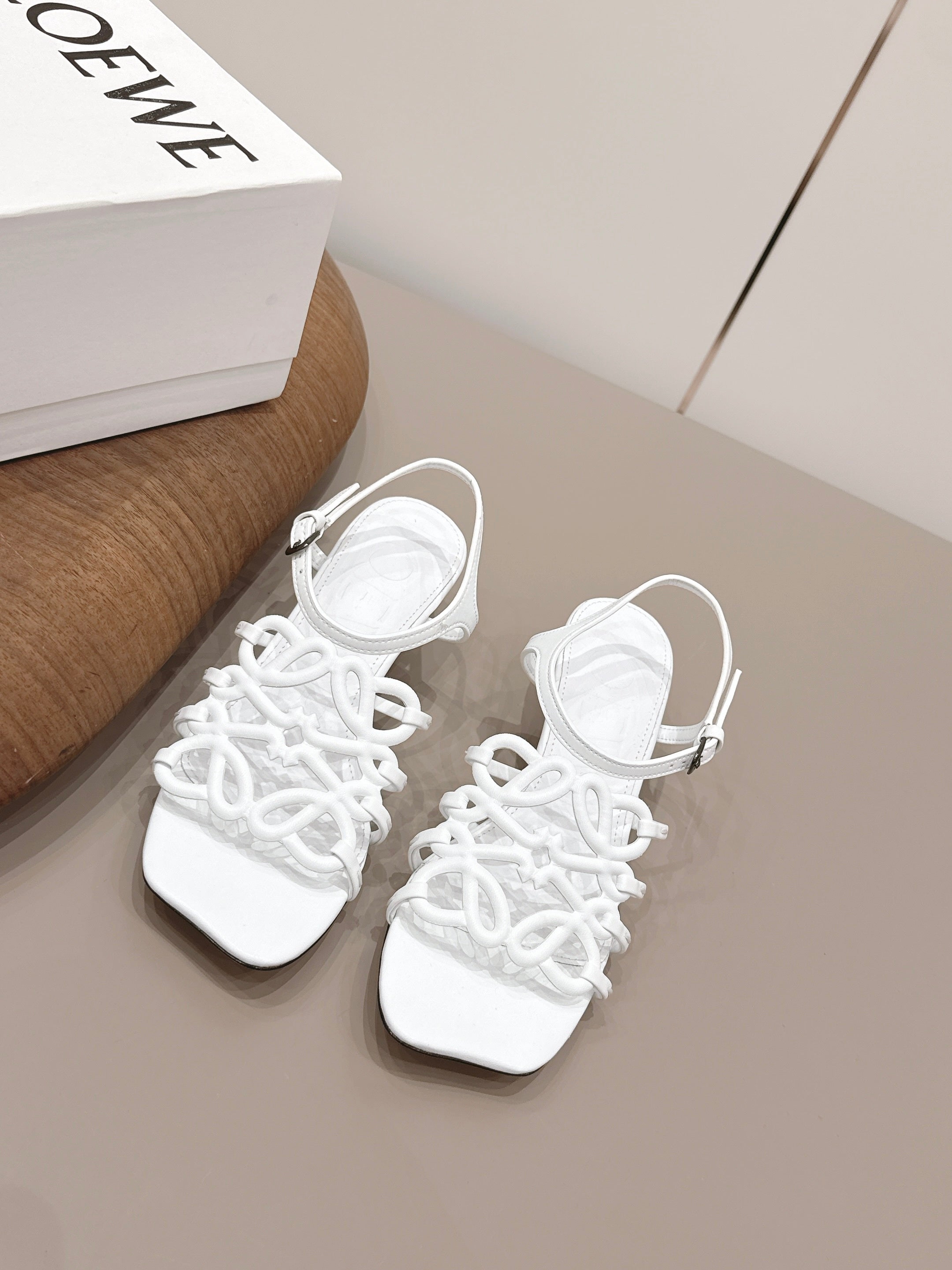 LOEWE 26S SQUARE TOE HEEL SANDALS 50MM IN WHITE CALFSKIN LOGO