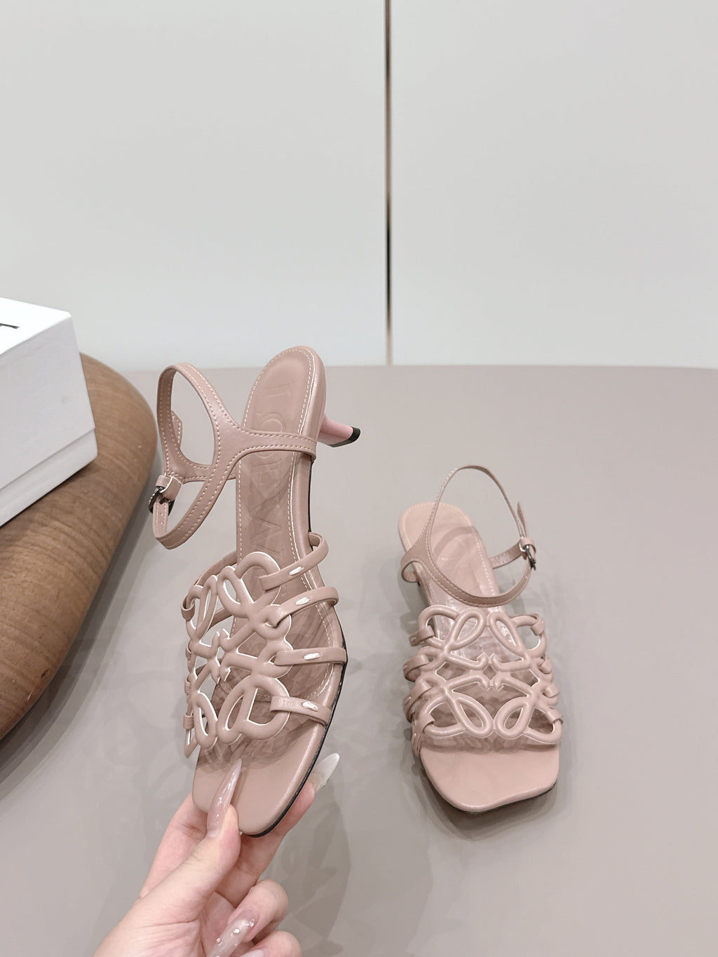 LOEWE 26S SQUARE TOE HEEL SANDALS 50MM IN PINK CALFSKIN LOGO