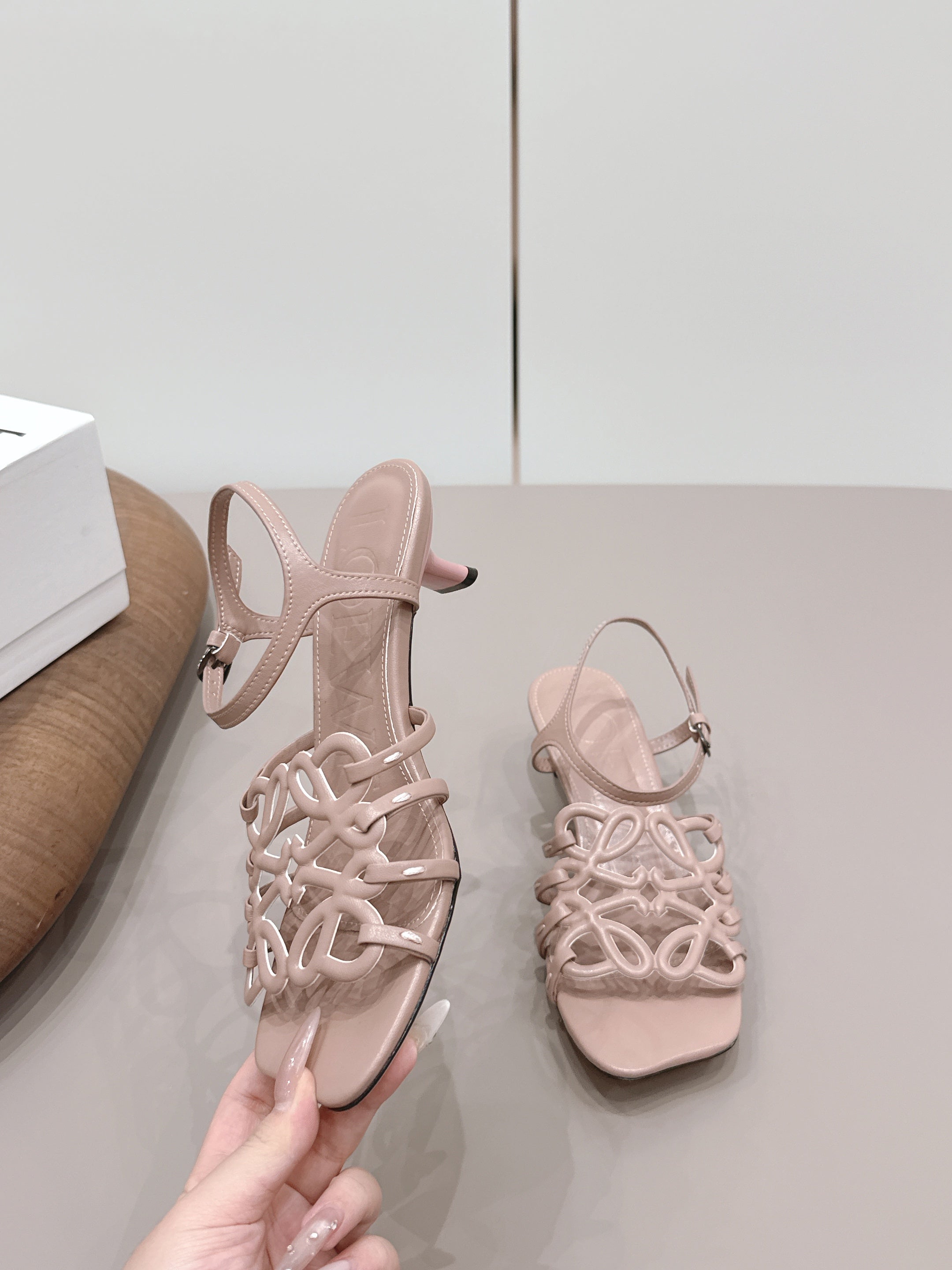 LOEWE 26S SQUARE TOE HEEL SANDALS 50MM IN PINK CALFSKIN LOGO