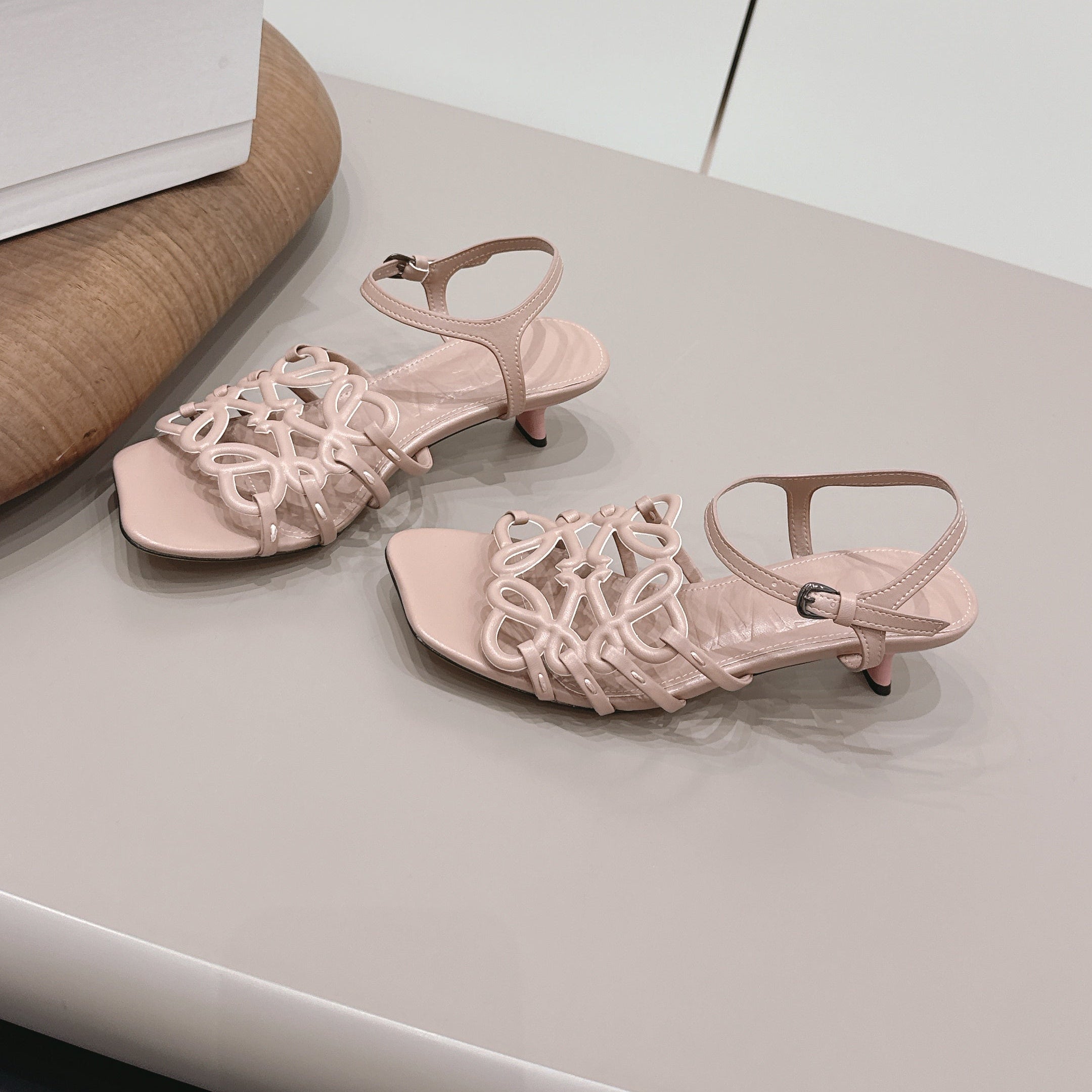 LOEWE 26S SQUARE TOE HEEL SANDALS 50MM IN PINK CALFSKIN LOGO