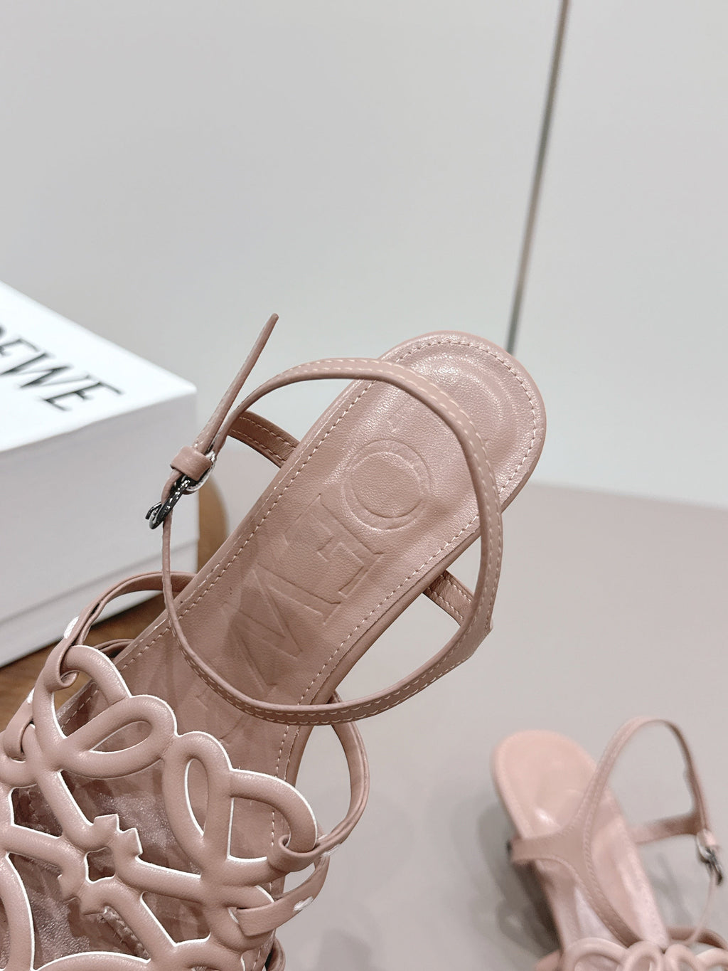 LOEWE 26S SQUARE TOE HEEL SANDALS 50MM IN PINK CALFSKIN LOGO