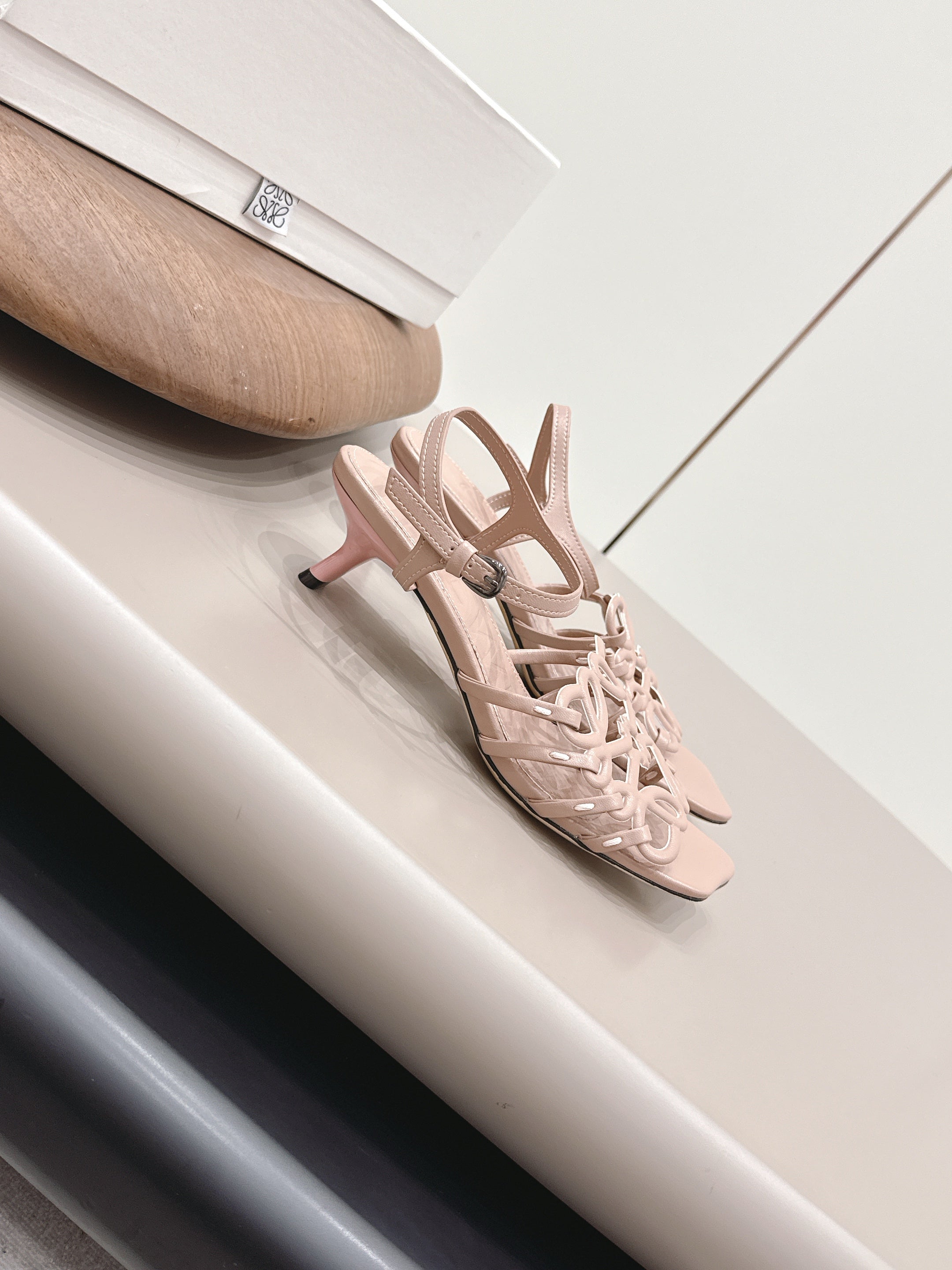 LOEWE 26S SQUARE TOE HEEL SANDALS 50MM IN PINK CALFSKIN LOGO