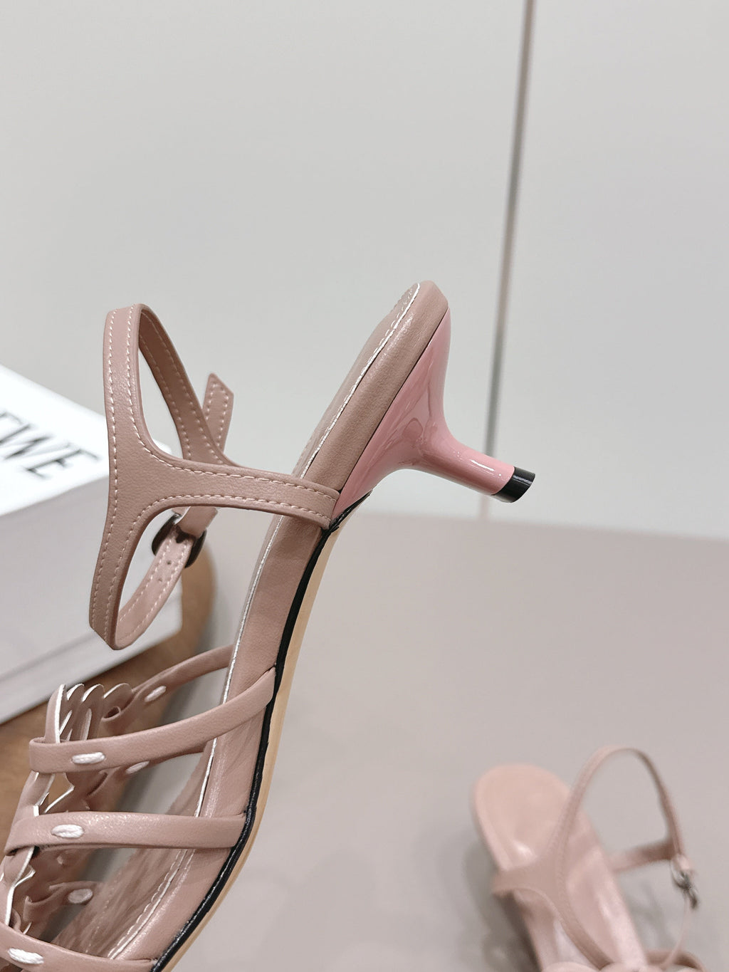 LOEWE 26S SQUARE TOE HEEL SANDALS 50MM IN PINK CALFSKIN LOGO