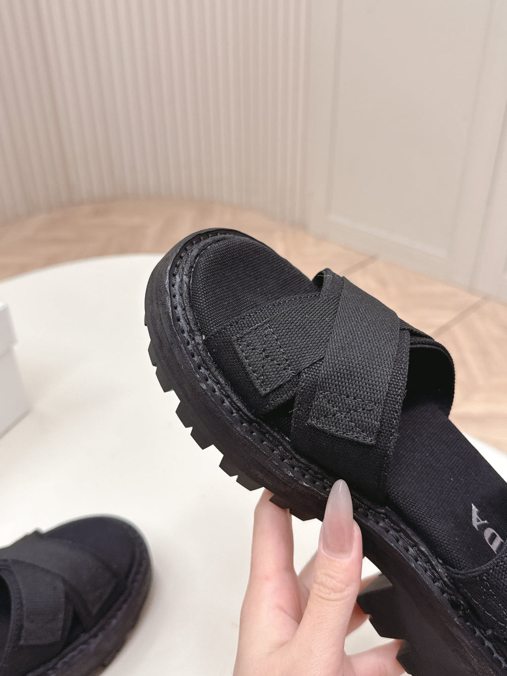 PRADA 26S CROSS STRAP CHUNKY SOLE SANDALS IN BLACK CANVAS