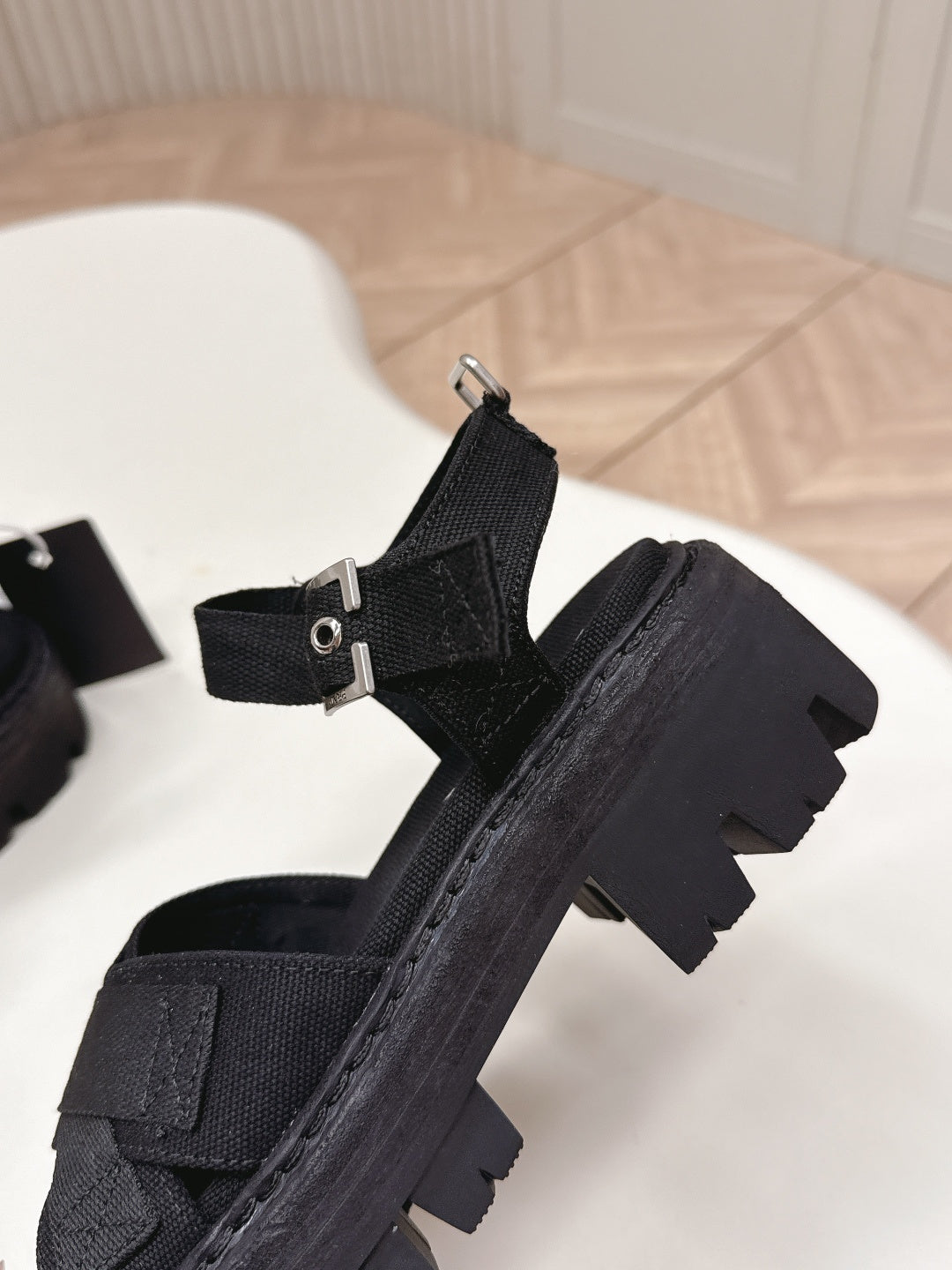 PRADA 26S CROSS STRAP CHUNKY SOLE SANDALS IN BLACK CANVAS