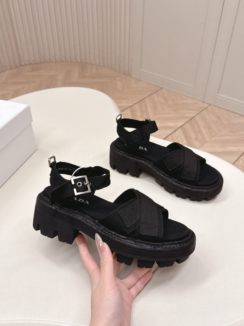 PRADA 26S CROSS STRAP CHUNKY SOLE SANDALS IN BLACK CANVAS