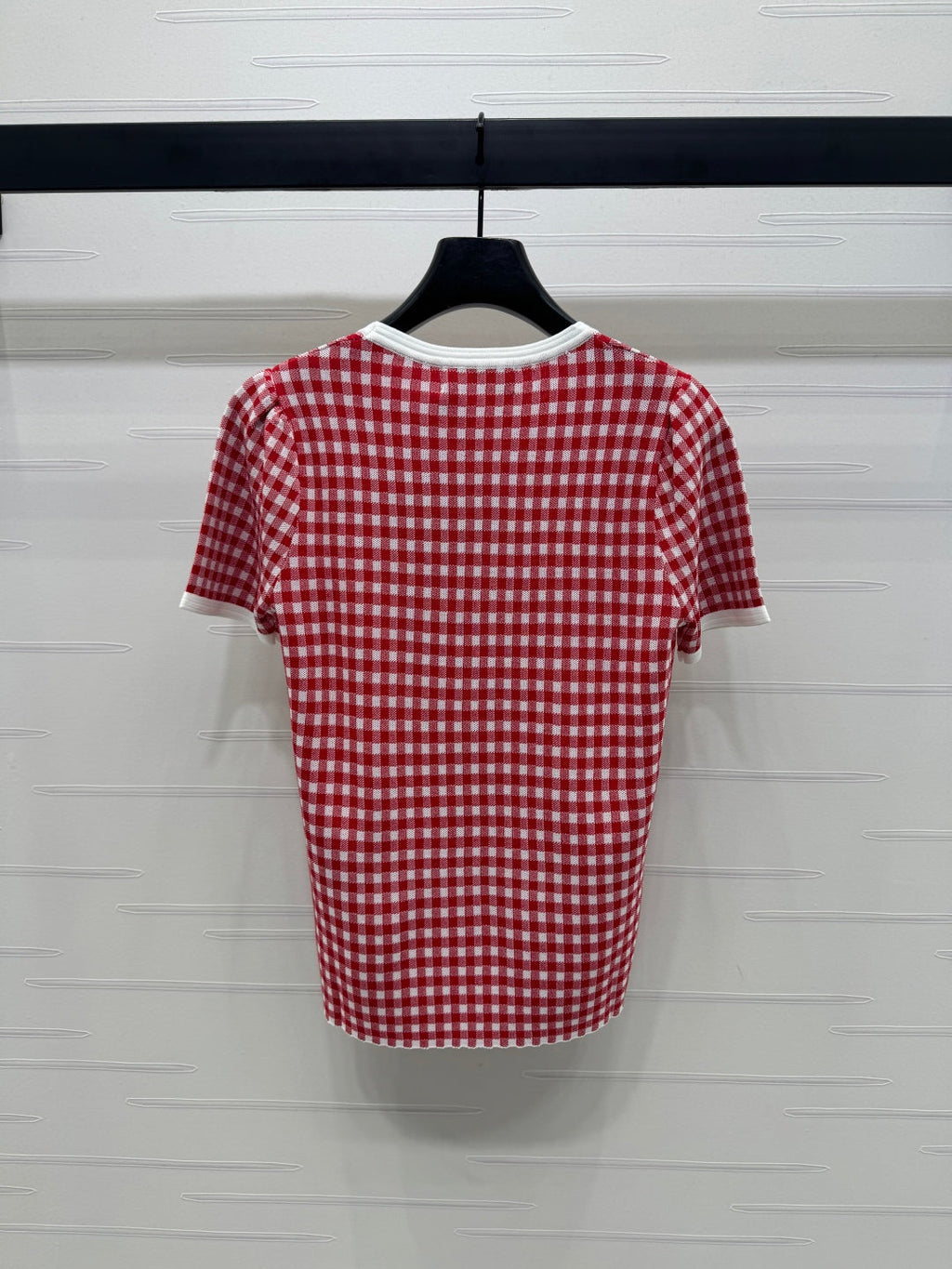 MIUMIU CREW NECK SHORT-SLEEVE PLAID KNIT TOP 274834