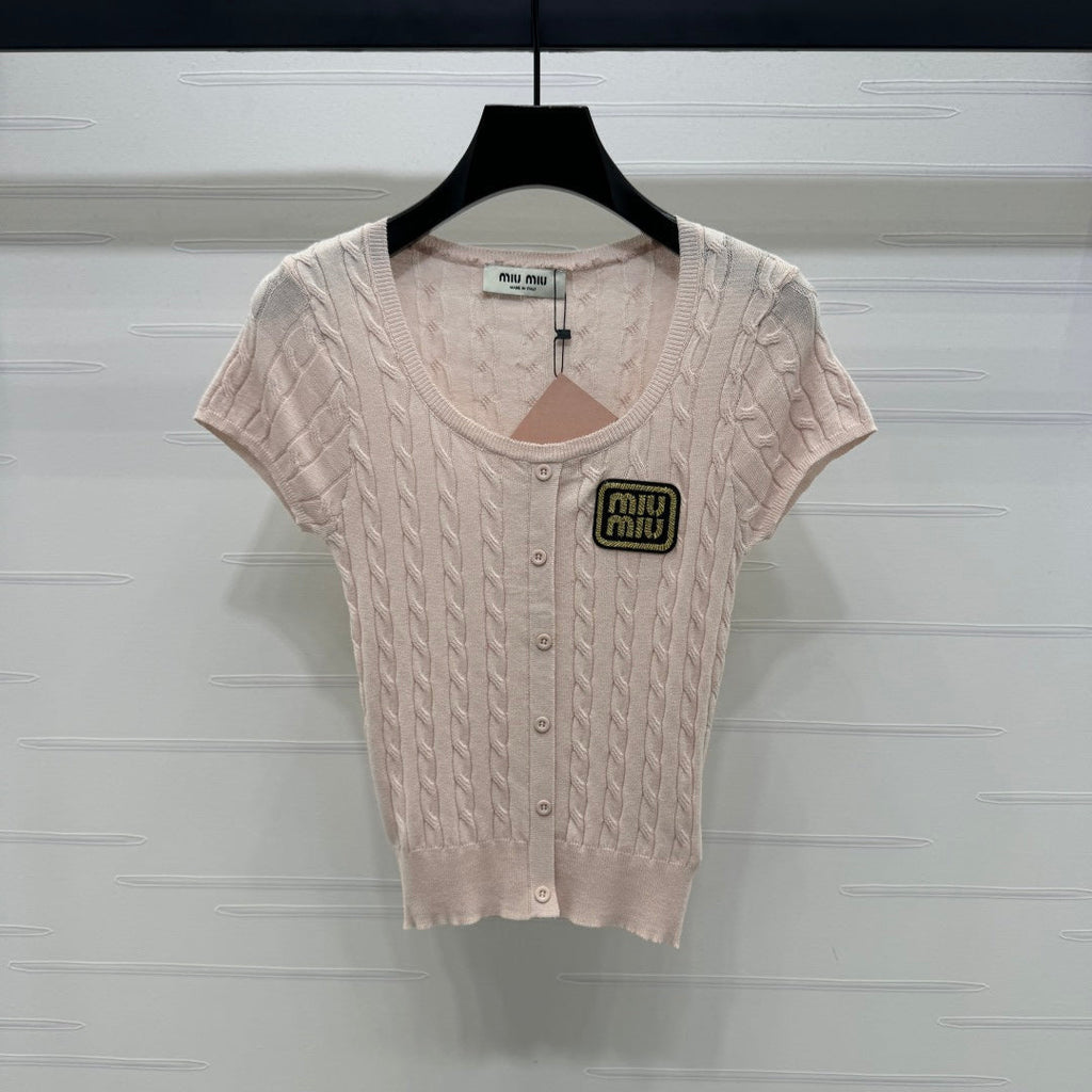 MIUMIU U-NECK KNITTED SHORT-SLEEVE TOP PINK 274947