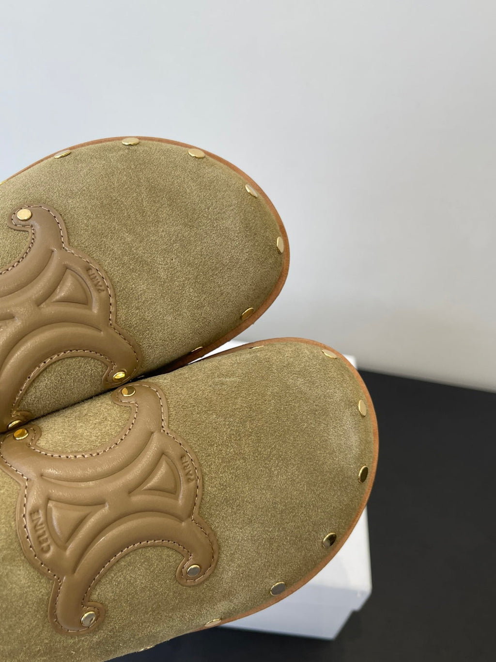 CELINE 26S MULE IN OLIVE GREEN SUEDE