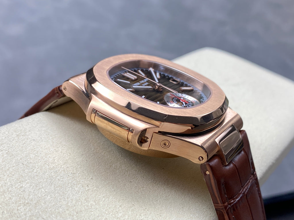NAUTILUS ROSE GOLD CASE BROWN SUNBURST DIAL ALLIGATOR LEATHER STRAP