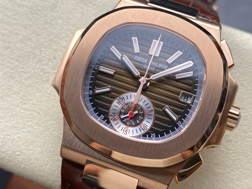NAUTILUS ROSE GOLD CASE BROWN SUNBURST DIAL ALLIGATOR LEATHER STRAP