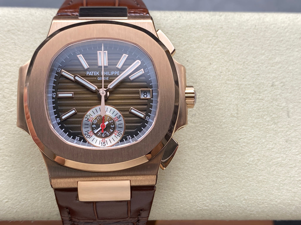 NAUTILUS ROSE GOLD CASE BROWN SUNBURST DIAL ALLIGATOR LEATHER STRAP