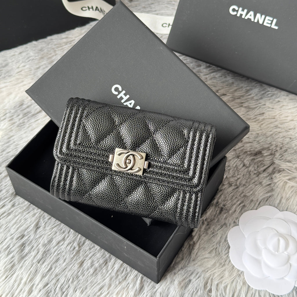 LEBOY WALLET 11 IN BLACK GRAINED CALFSKIN SILVER-TONE HARDWARE