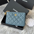 CC CLASSIC ZIPPED POUCH 14 IN NEPAL BLUE GRAINED CALFSKIN GOLD-TONE CHARM CHAIN