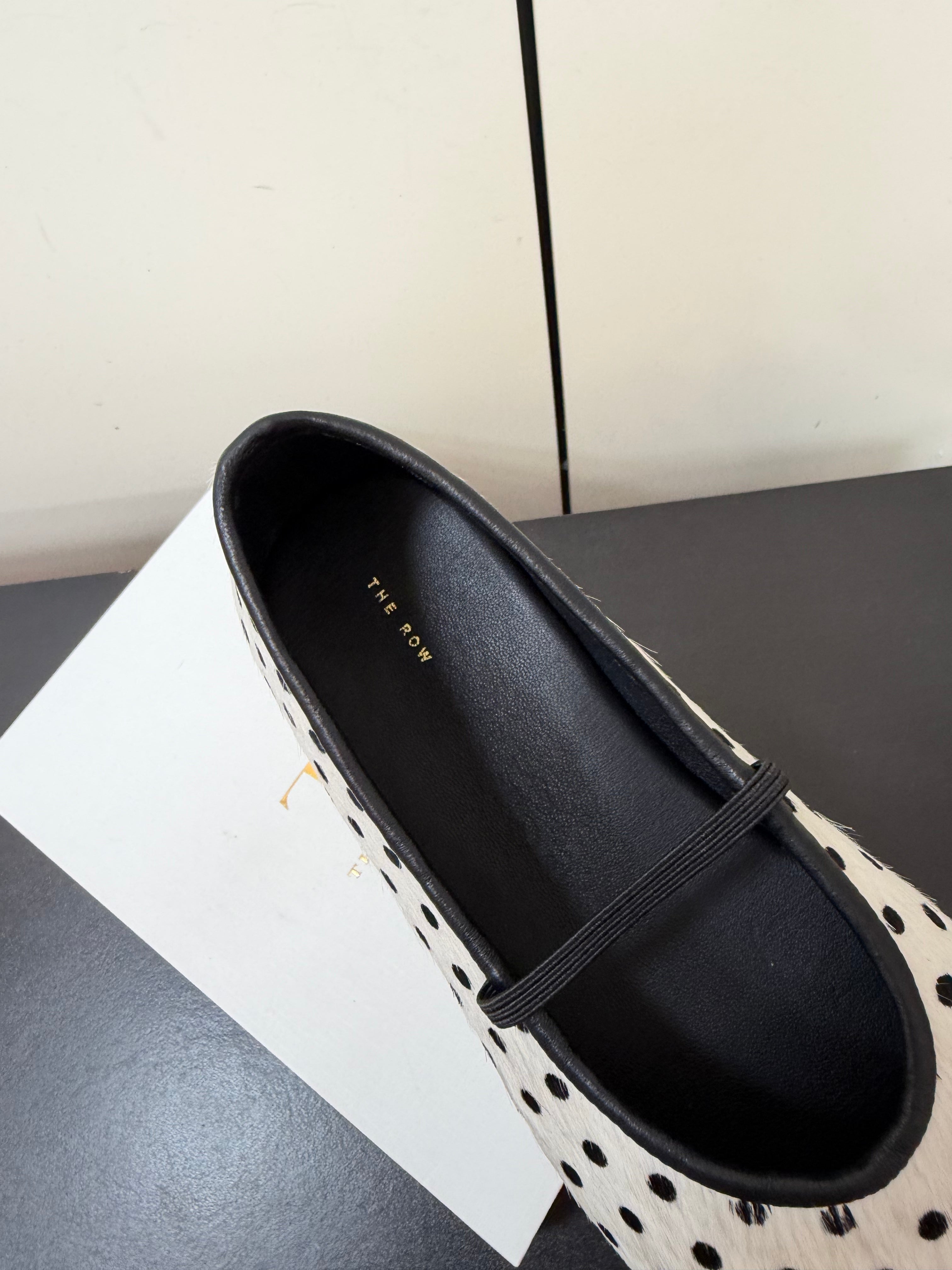 THE ROW 26S BALLET FLATS IN WHITE & BLACK MICRO POLKA DOT CALF HAIR CALFSKIN