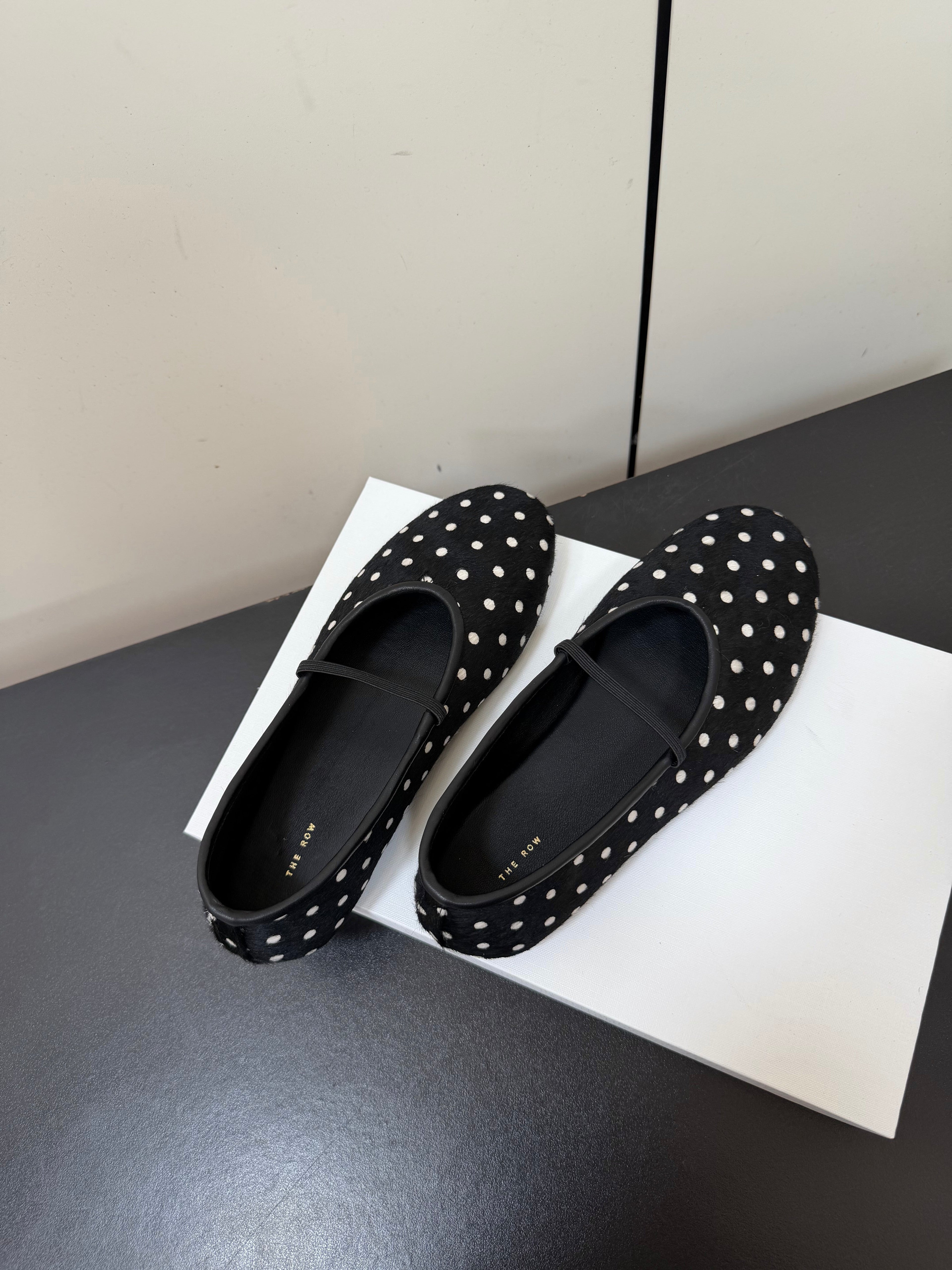 THE ROW 26S BALLET FLATS IN BLACK & WHITE MICRO POLKA DOT CALF HAIR CALFSKIN