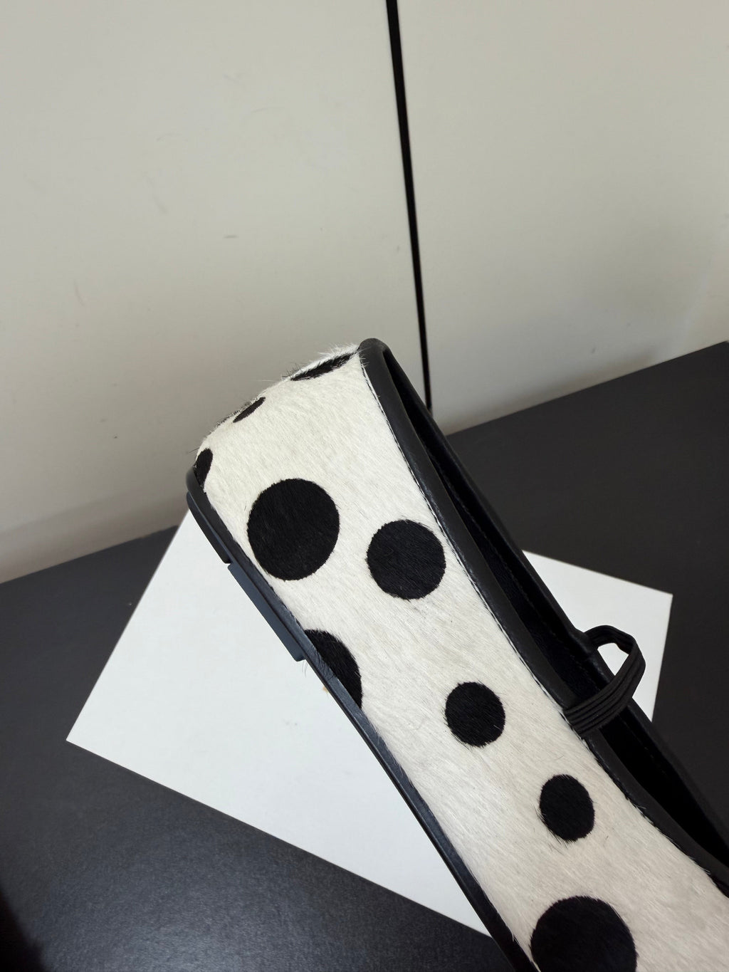 THE ROW 26S BALLET FLATS IN WHITE & BLACK POLKA DOT CALF HAIR CALFSKIN
