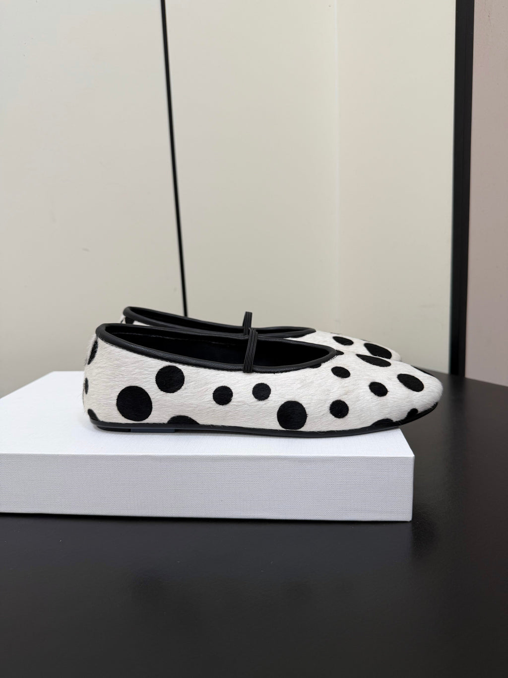 THE ROW 26S BALLET FLATS IN WHITE & BLACK POLKA DOT CALF HAIR CALFSKIN