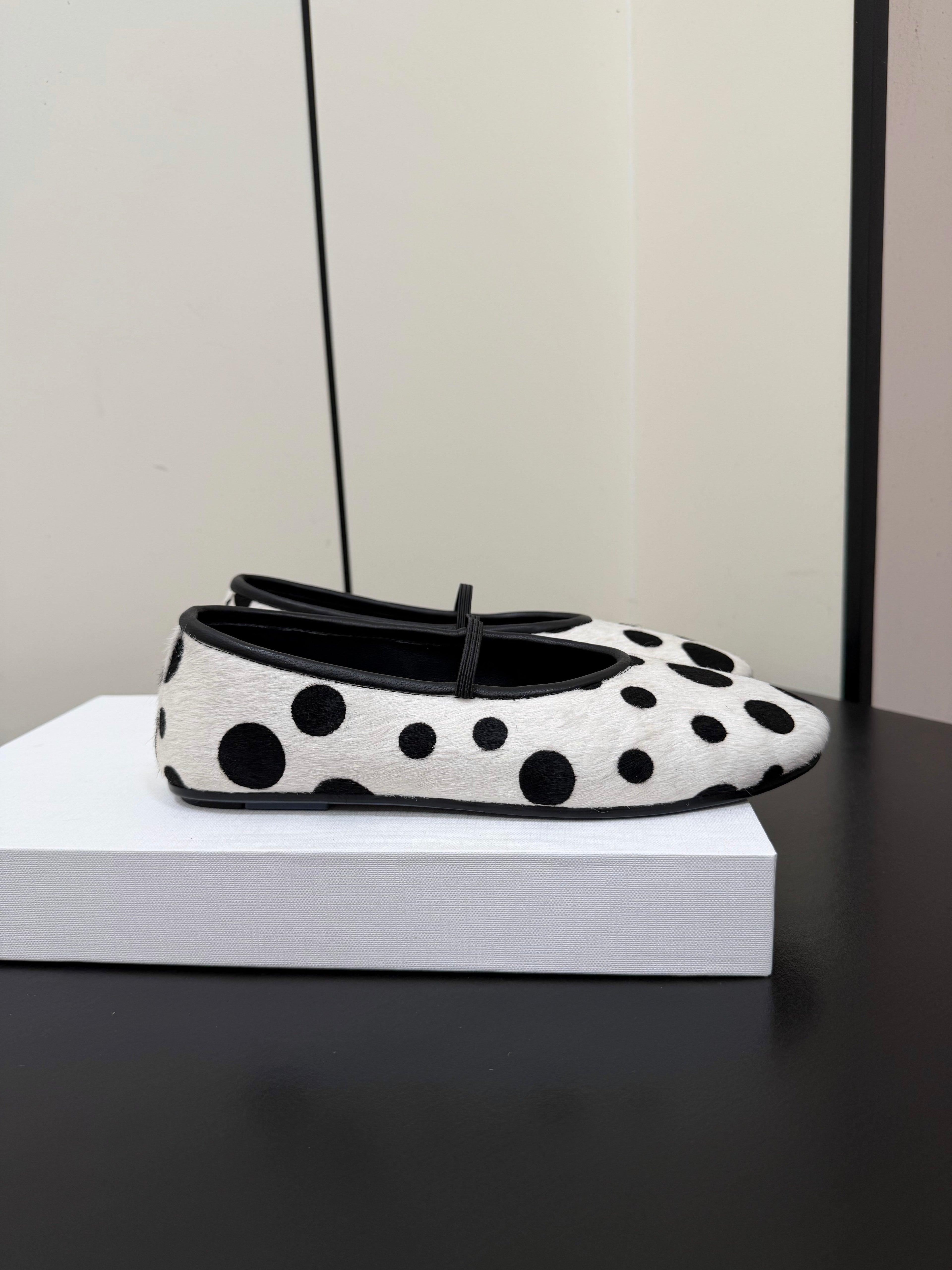 THE ROW 26S BALLET FLATS IN WHITE & BLACK POLKA DOT CALF HAIR CALFSKIN