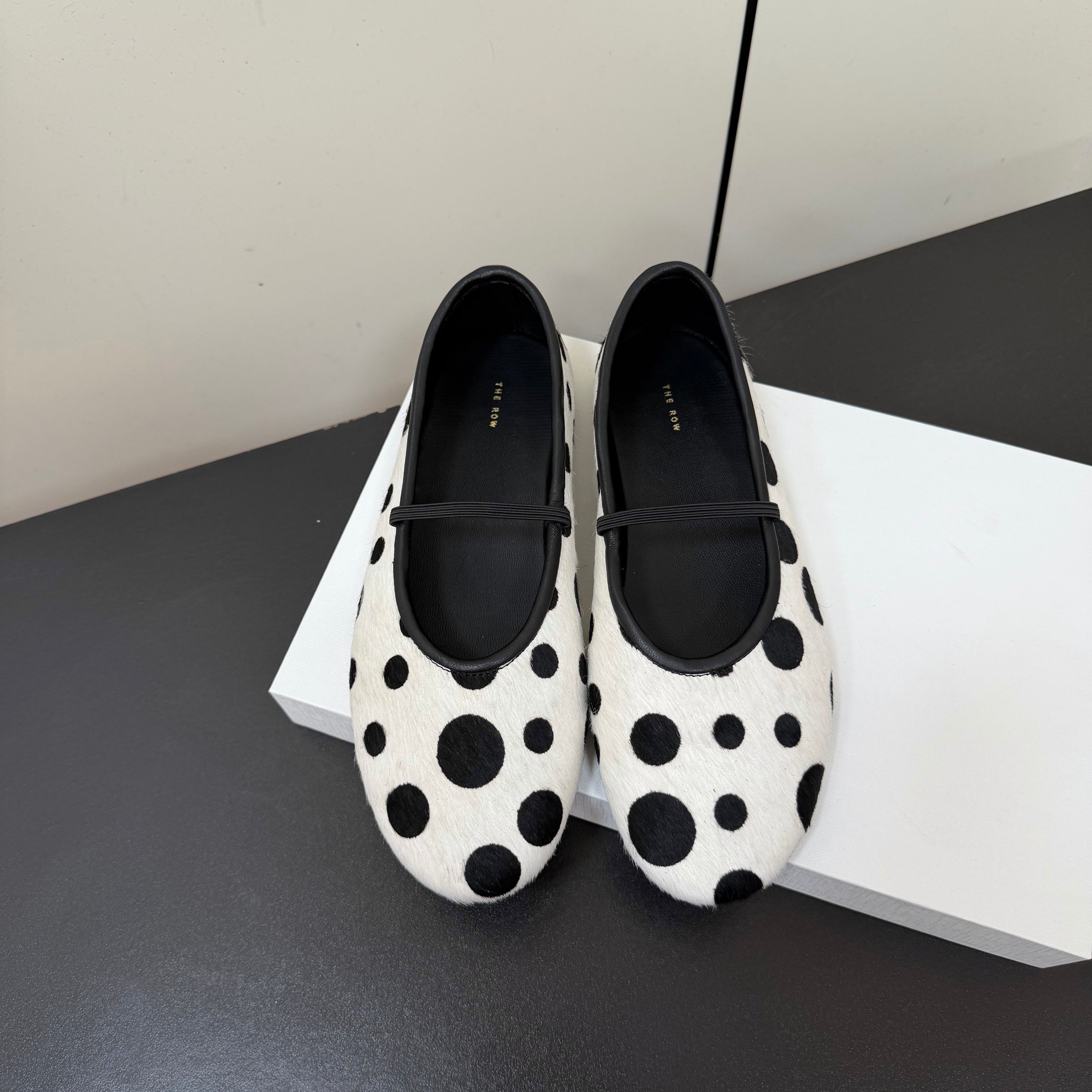 THE ROW 26S BALLET FLATS IN WHITE & BLACK POLKA DOT CALF HAIR CALFSKIN