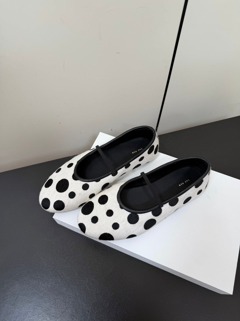 THE ROW 26S BALLET FLATS IN WHITE & BLACK POLKA DOT CALF HAIR CALFSKIN