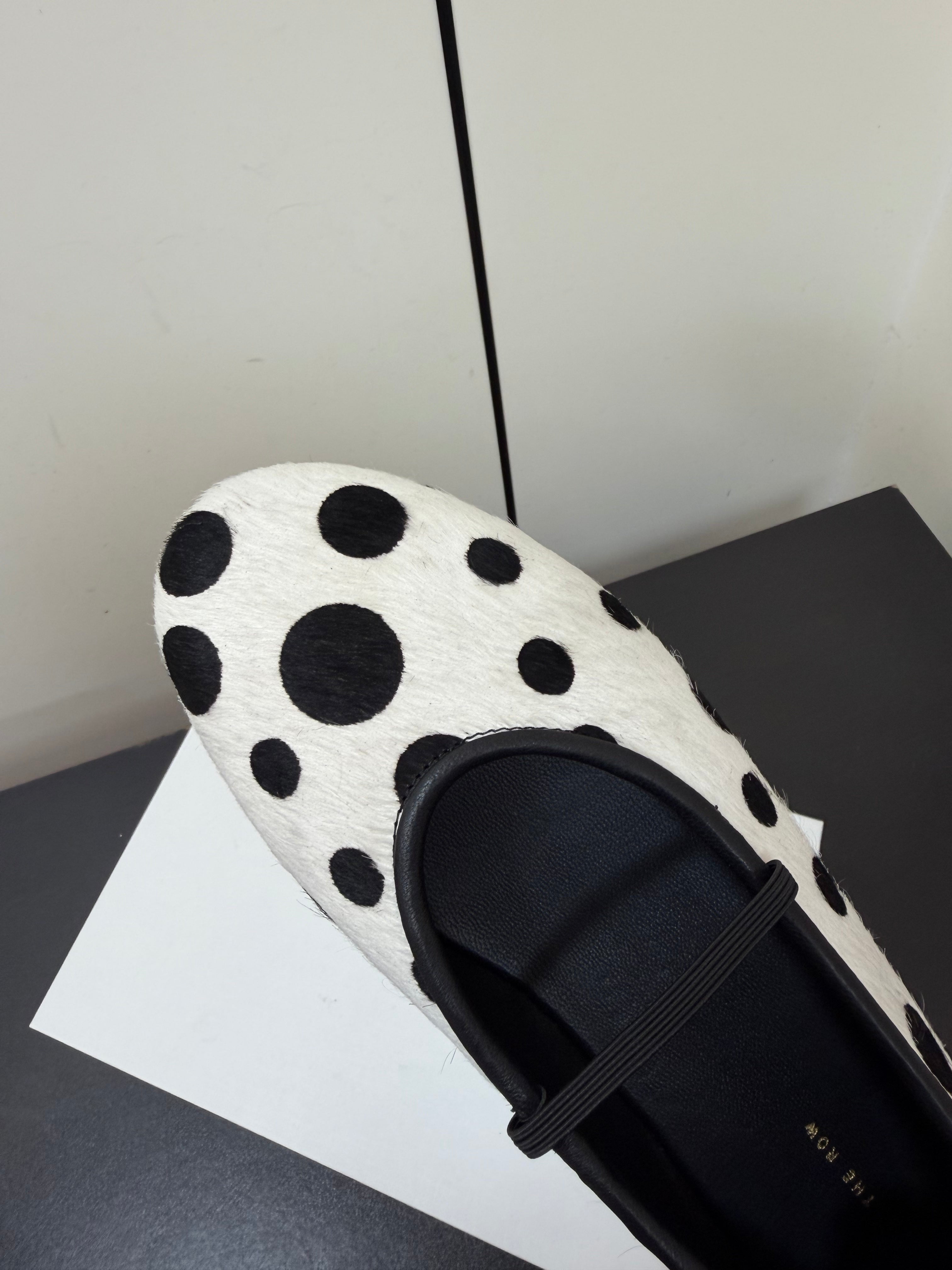 THE ROW 26S BALLET FLATS IN WHITE & BLACK POLKA DOT CALF HAIR CALFSKIN