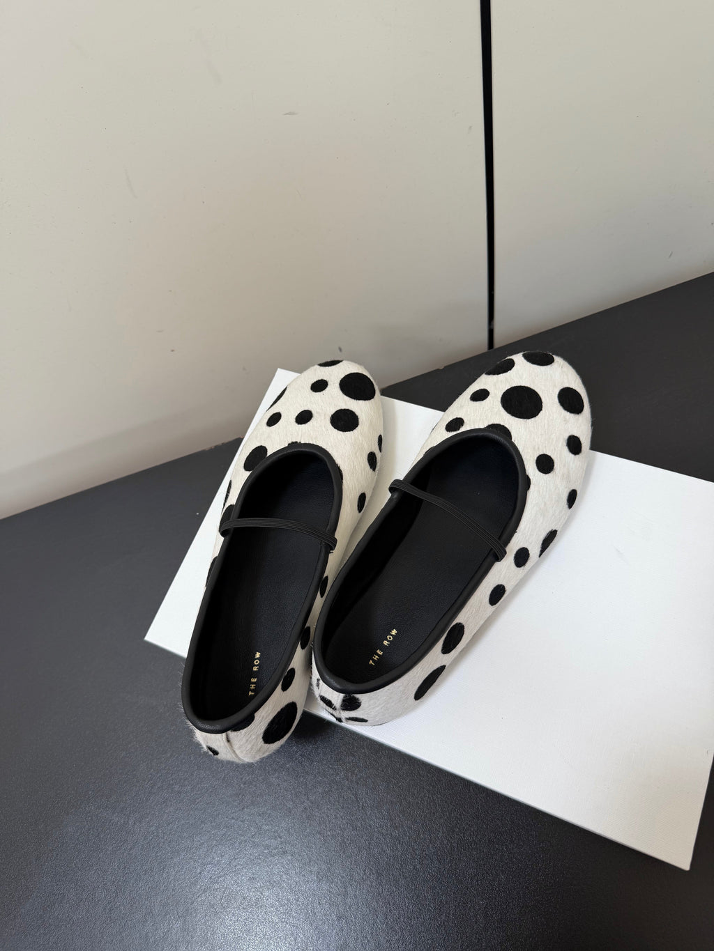 THE ROW 26S BALLET FLATS IN WHITE & BLACK POLKA DOT CALF HAIR CALFSKIN