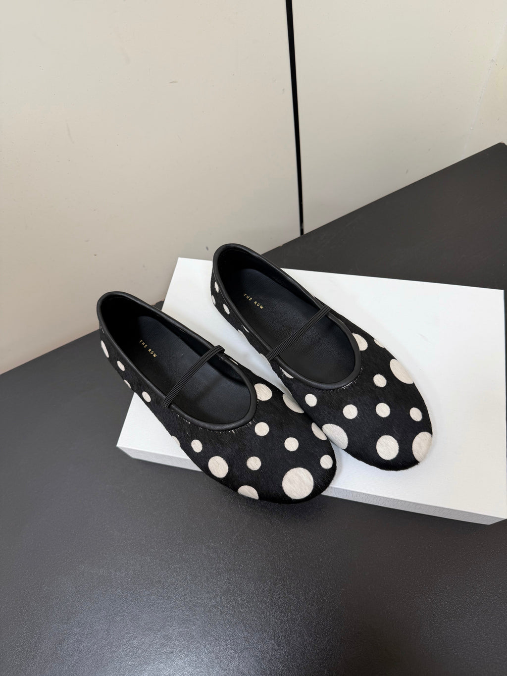 THE ROW 26S BALLET FLATS IN BLACK & WHITE POLKA DOT CALF HAIR CALFSKIN