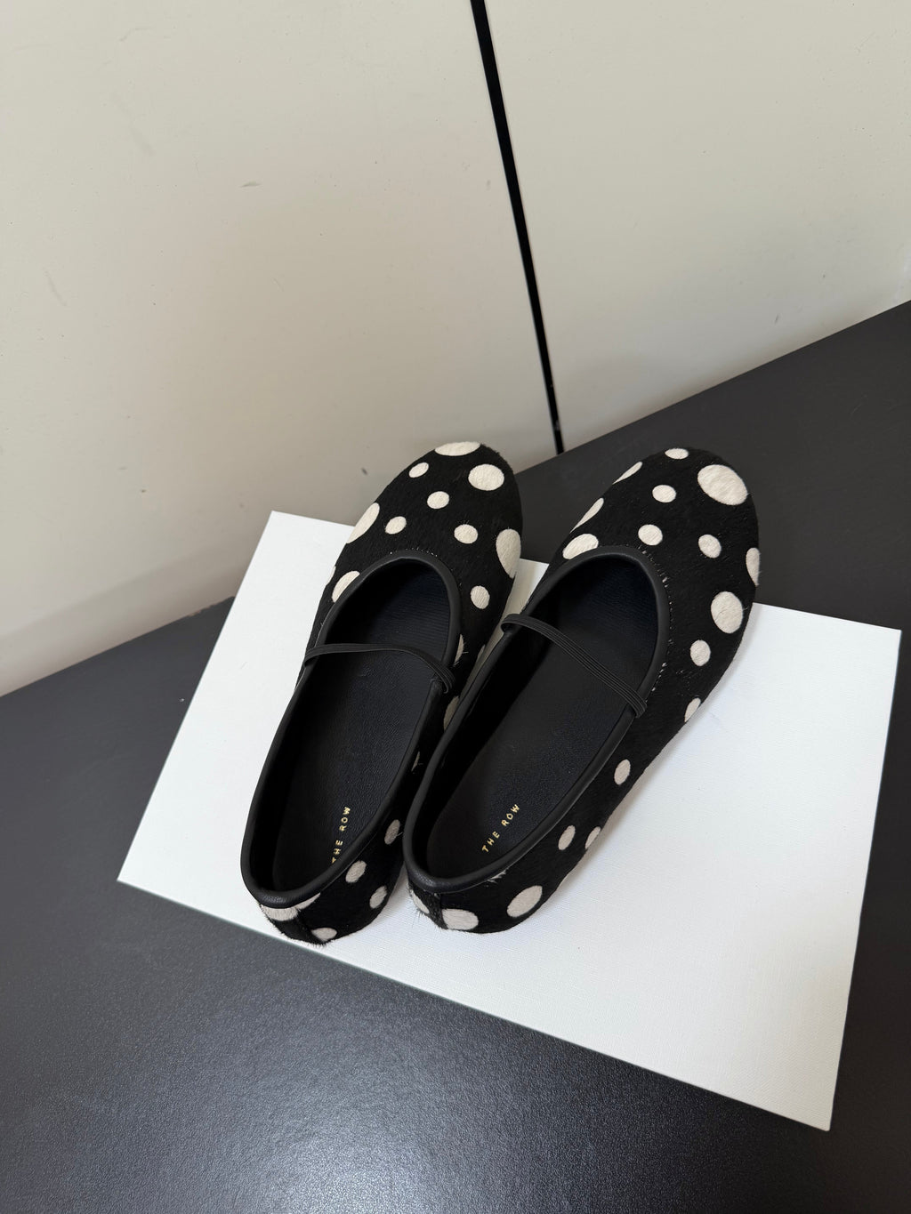 THE ROW 26S BALLET FLATS IN BLACK & WHITE POLKA DOT CALF HAIR CALFSKIN