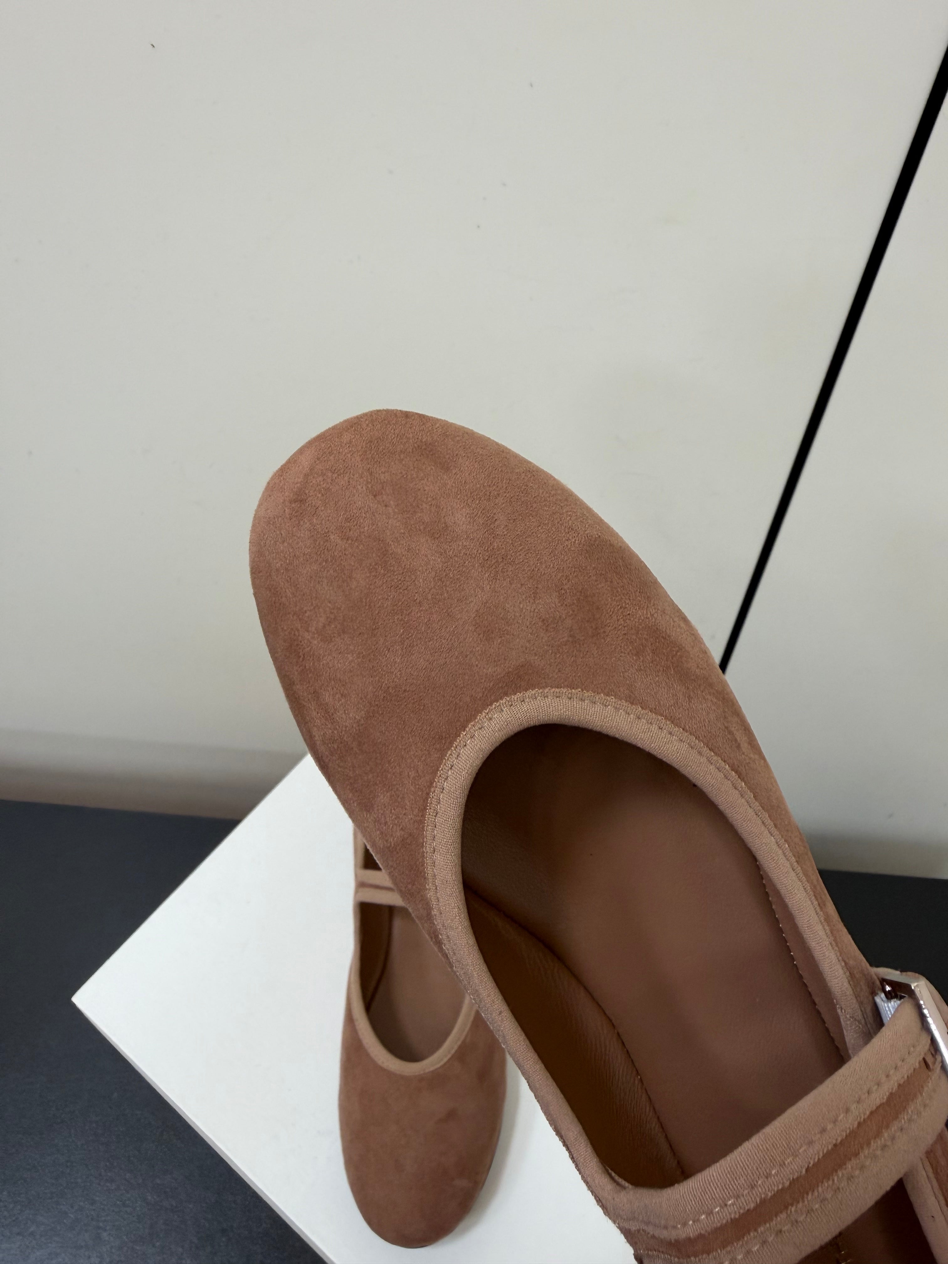 THE ROW 26S MARY JANE BALLET FLATS IN BROWN SUEDE WITH SILVER HARDWARE