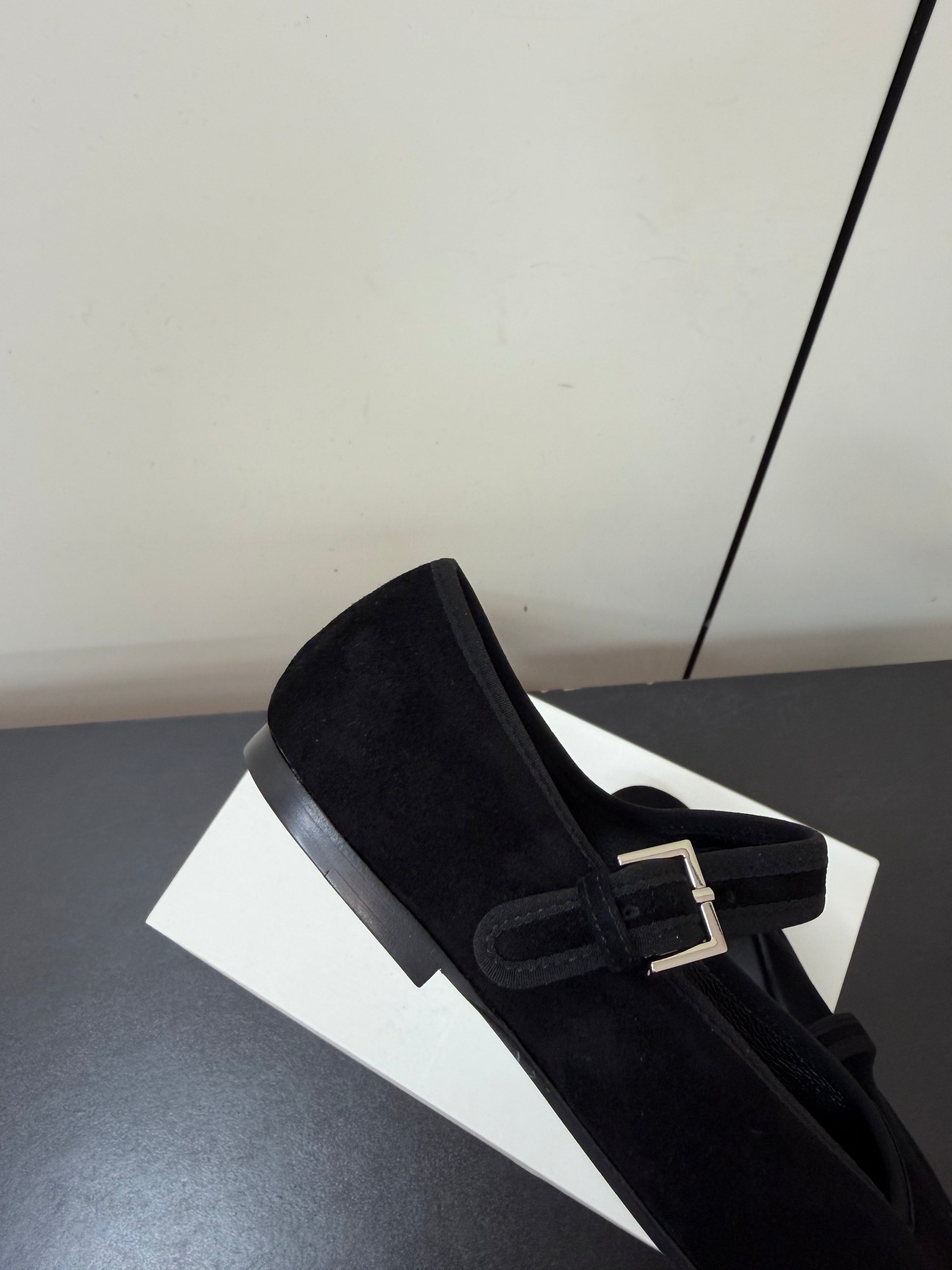 THE ROW 26S MARY JANE BALLET FLATS IN BLACK SUEDE WITH SILVER HARDWARE