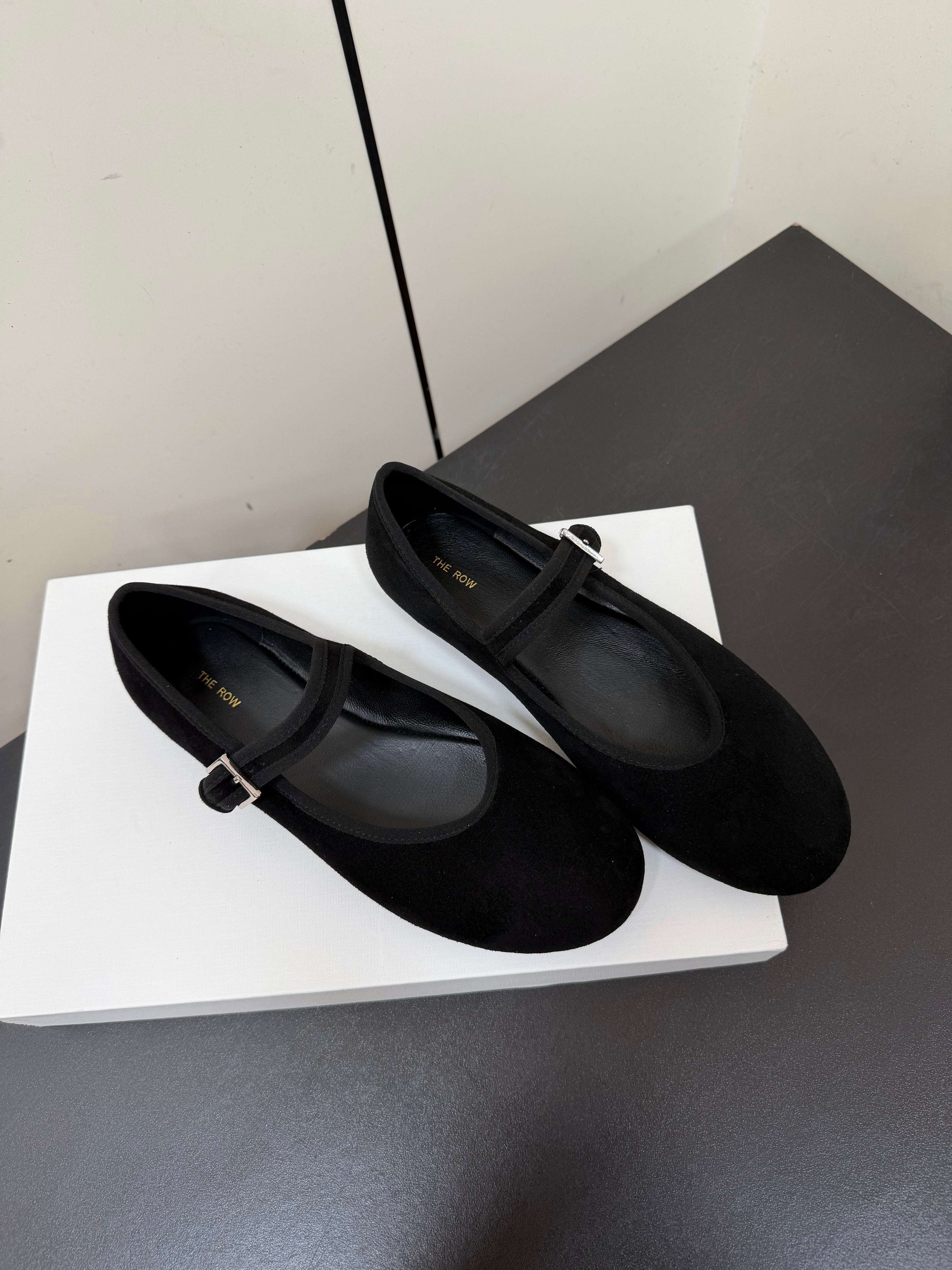 THE ROW 26S MARY JANE BALLET FLATS IN BLACK SUEDE WITH SILVER HARDWARE