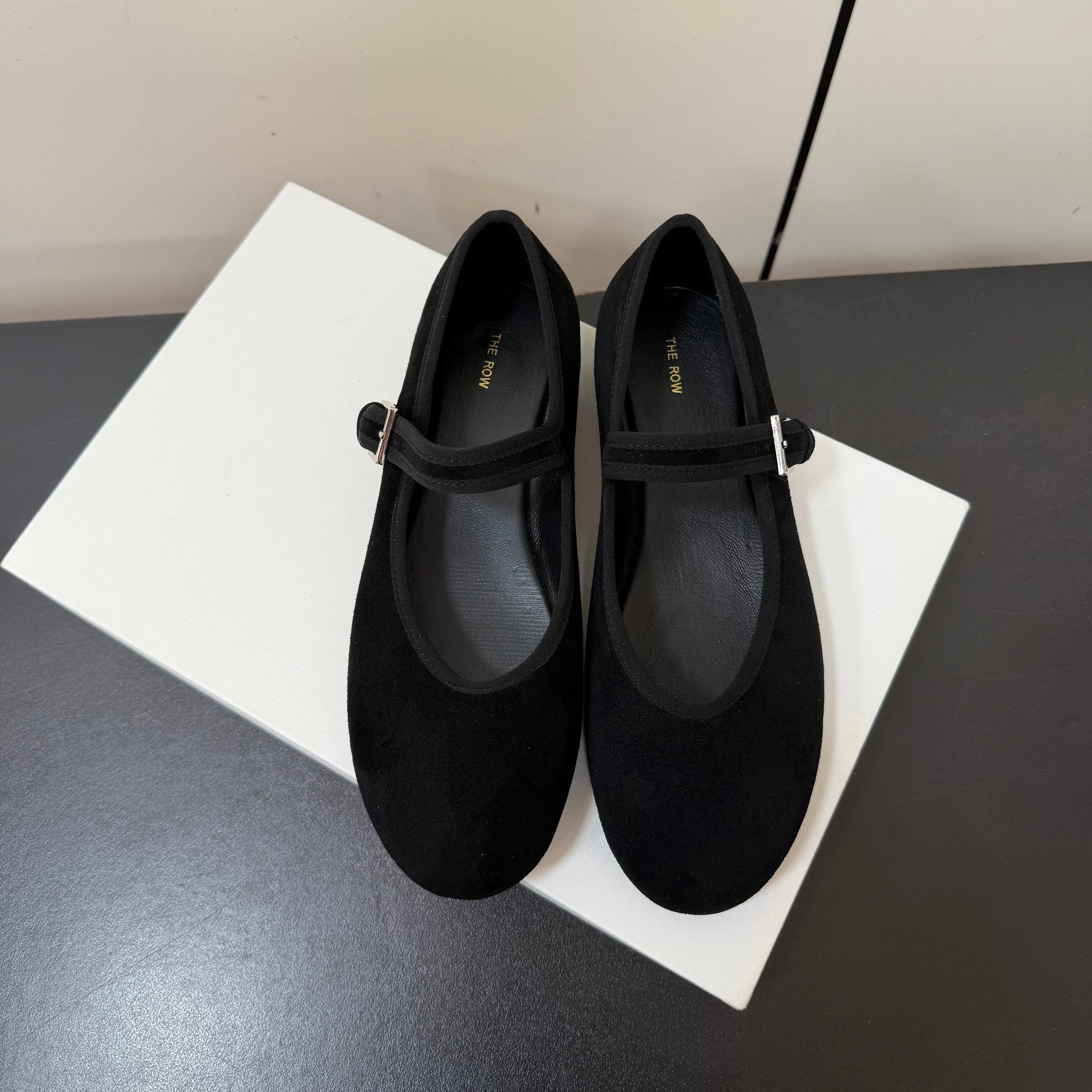 THE ROW 26S MARY JANE BALLET FLATS IN BLACK SUEDE WITH SILVER HARDWARE