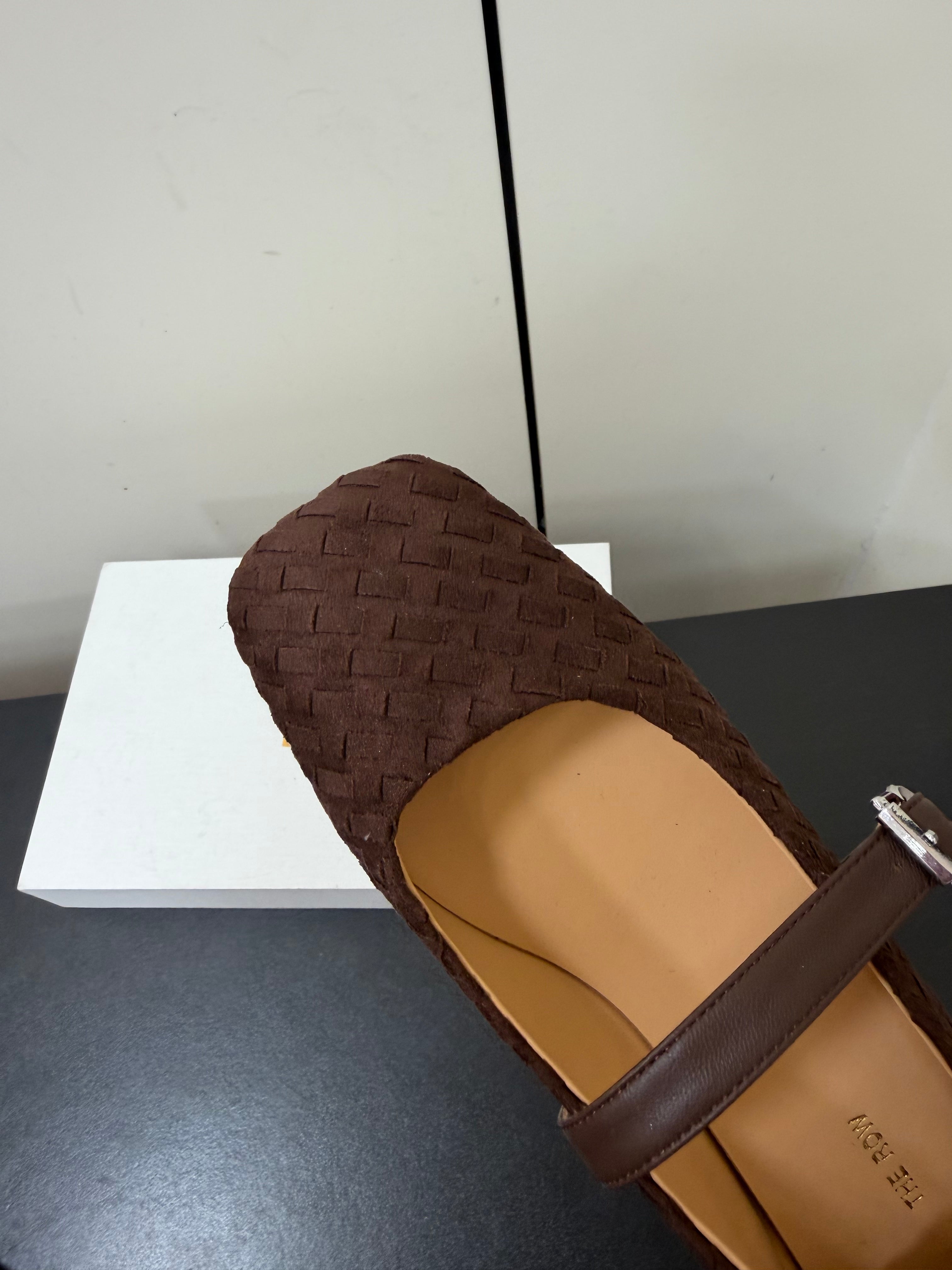 THE ROW 26S MARY JANE BALLET FLATS IN DARK BROWN SUEDE AND CALFSKIN