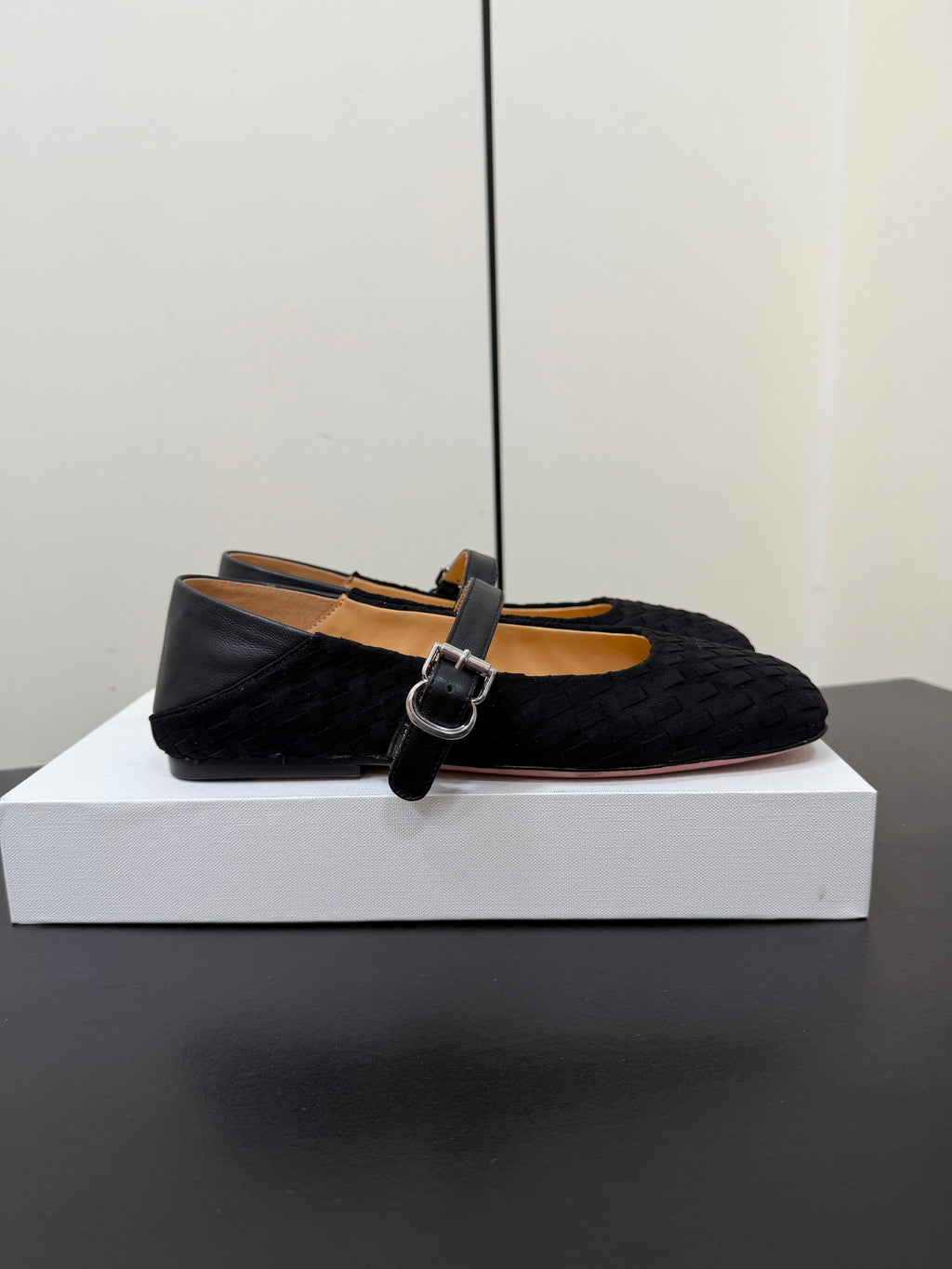 THE ROW 26S MARY JANE BALLET FLATS IN BLACK SUEDE AND CALFSKIN