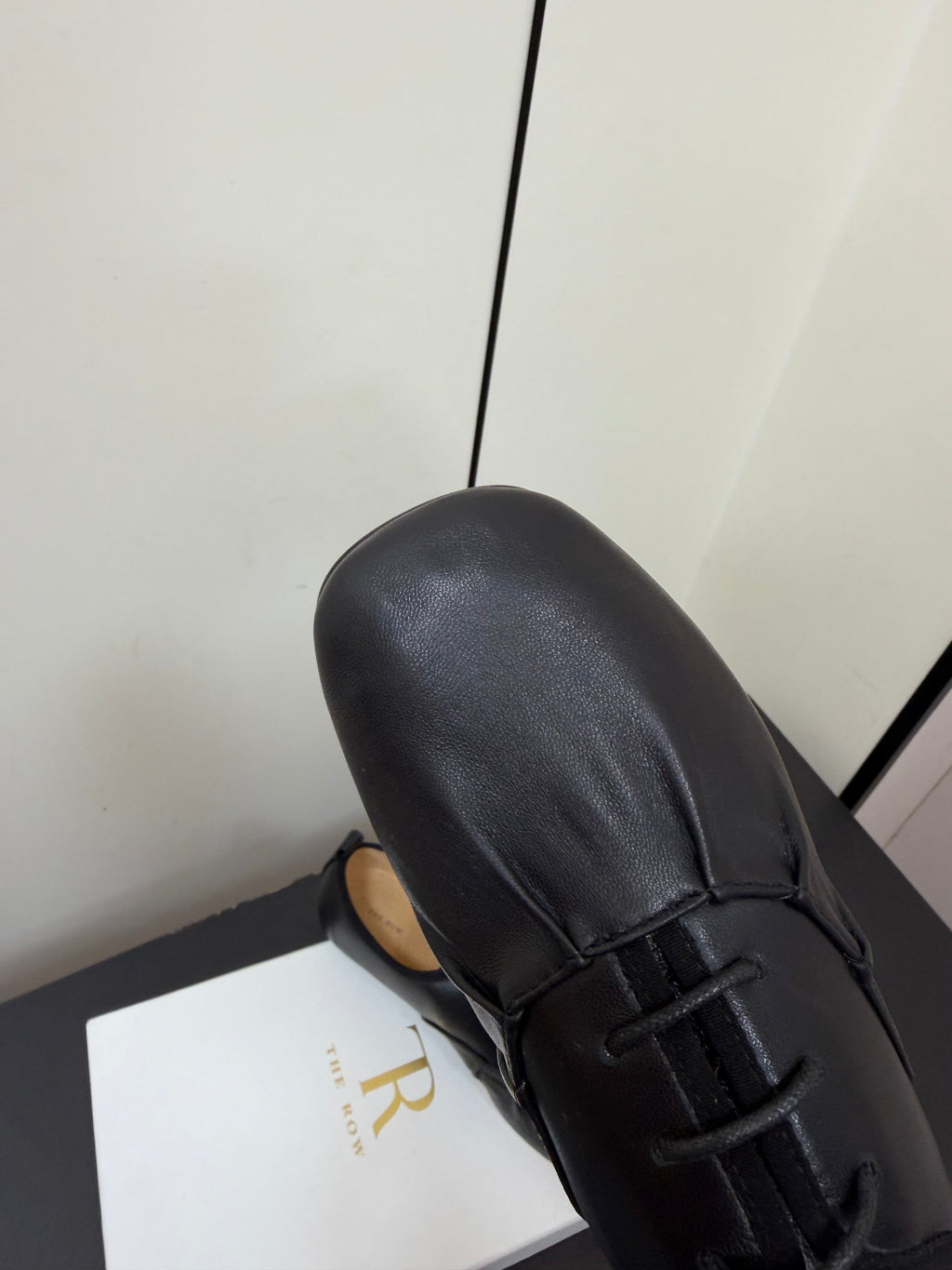 THE ROW 26S LACE UP DERBY FLATS IN BLACK CALFSKIN  WITH SQUARE TOE