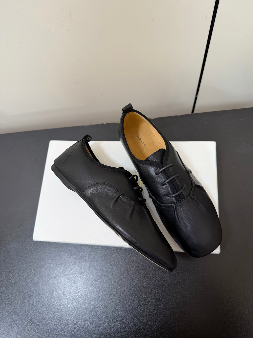 THE ROW 26S LACE UP DERBY FLATS IN BLACK CALFSKIN  WITH SQUARE TOE