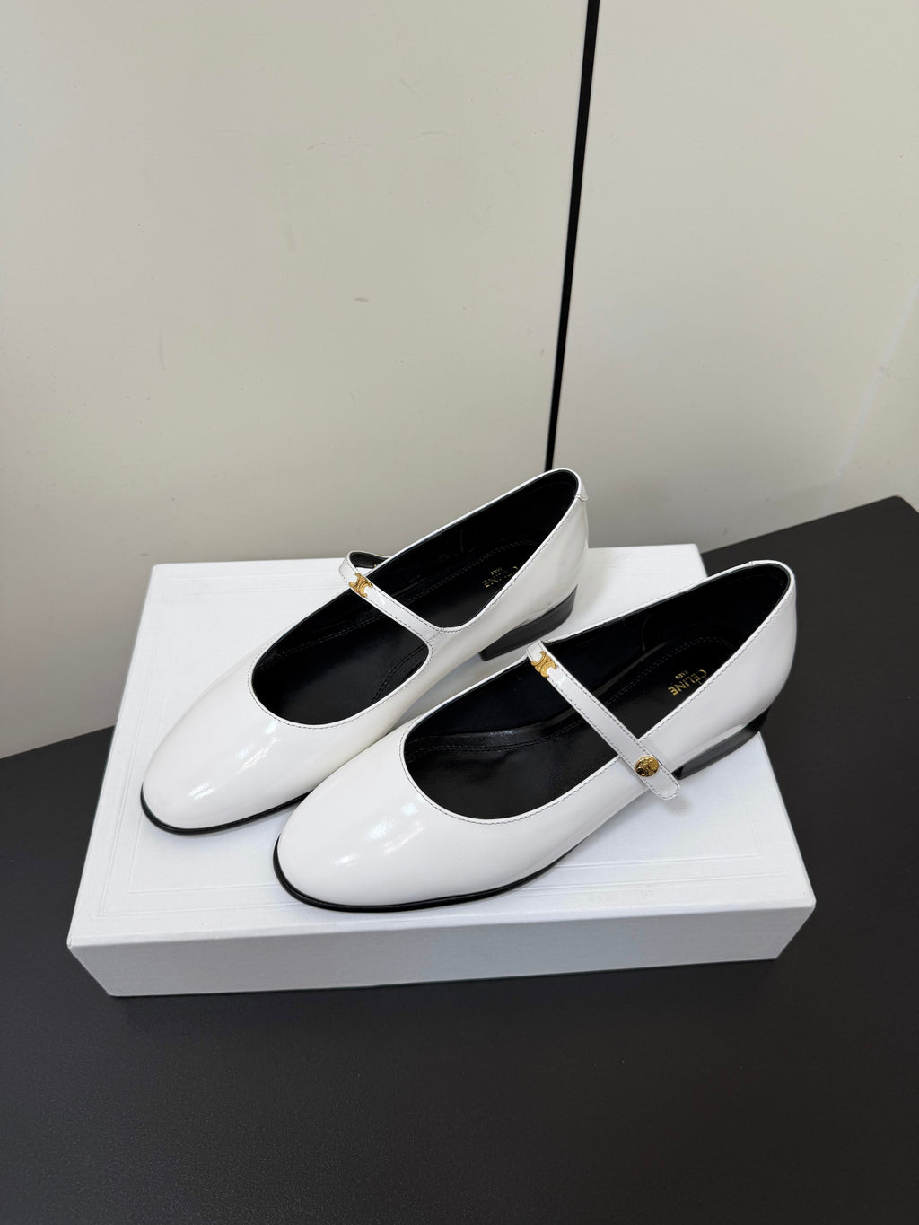 CELINE 26S MARY JANE FLATS IN WHITE GLOSSY CALFSKIN GOLD HARDWARE