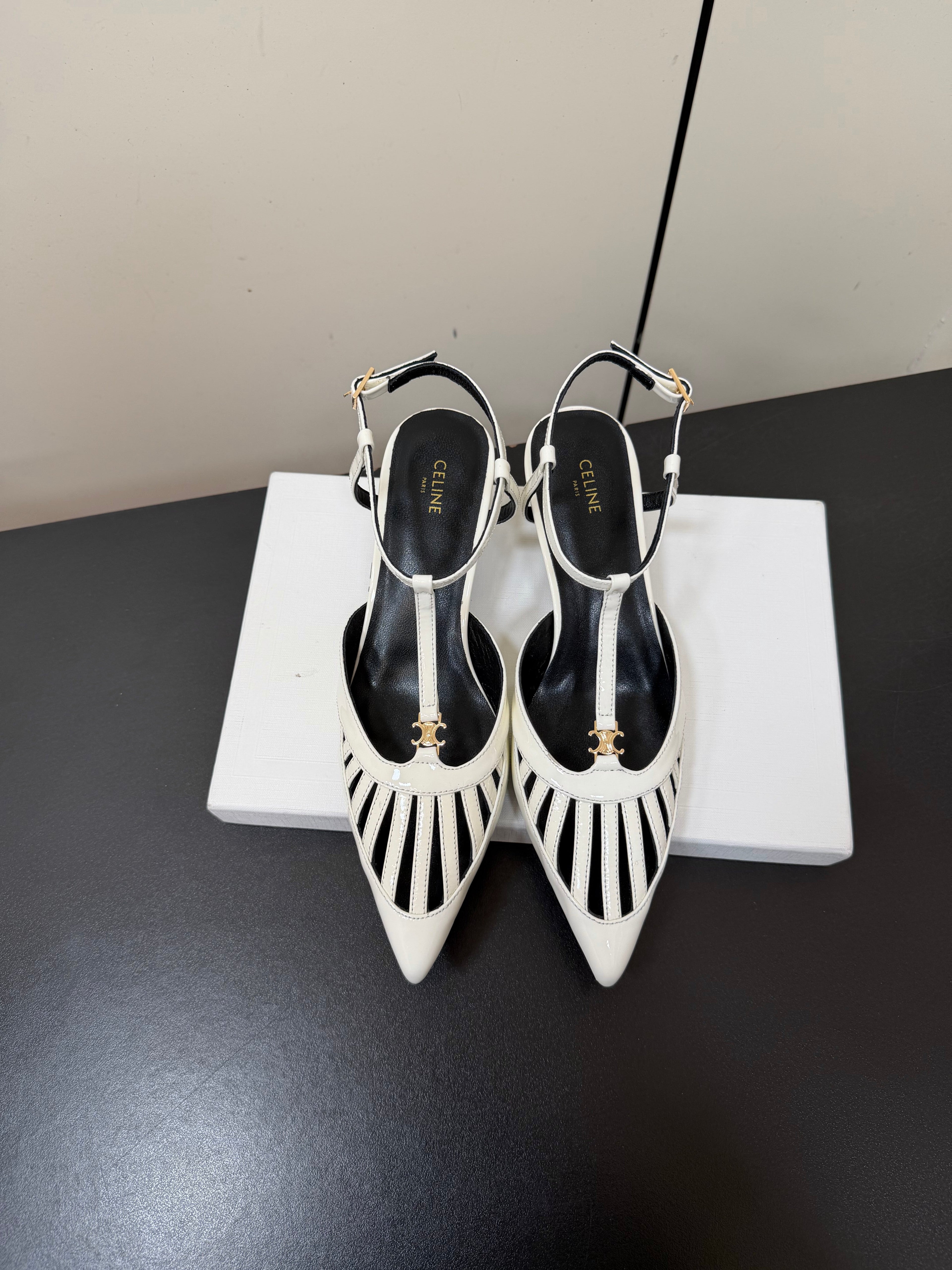 CELINE 26S TRIOMPHE T-STRAP SLINGBACK PUMPS IN WHITE PATENT CALFSKIN