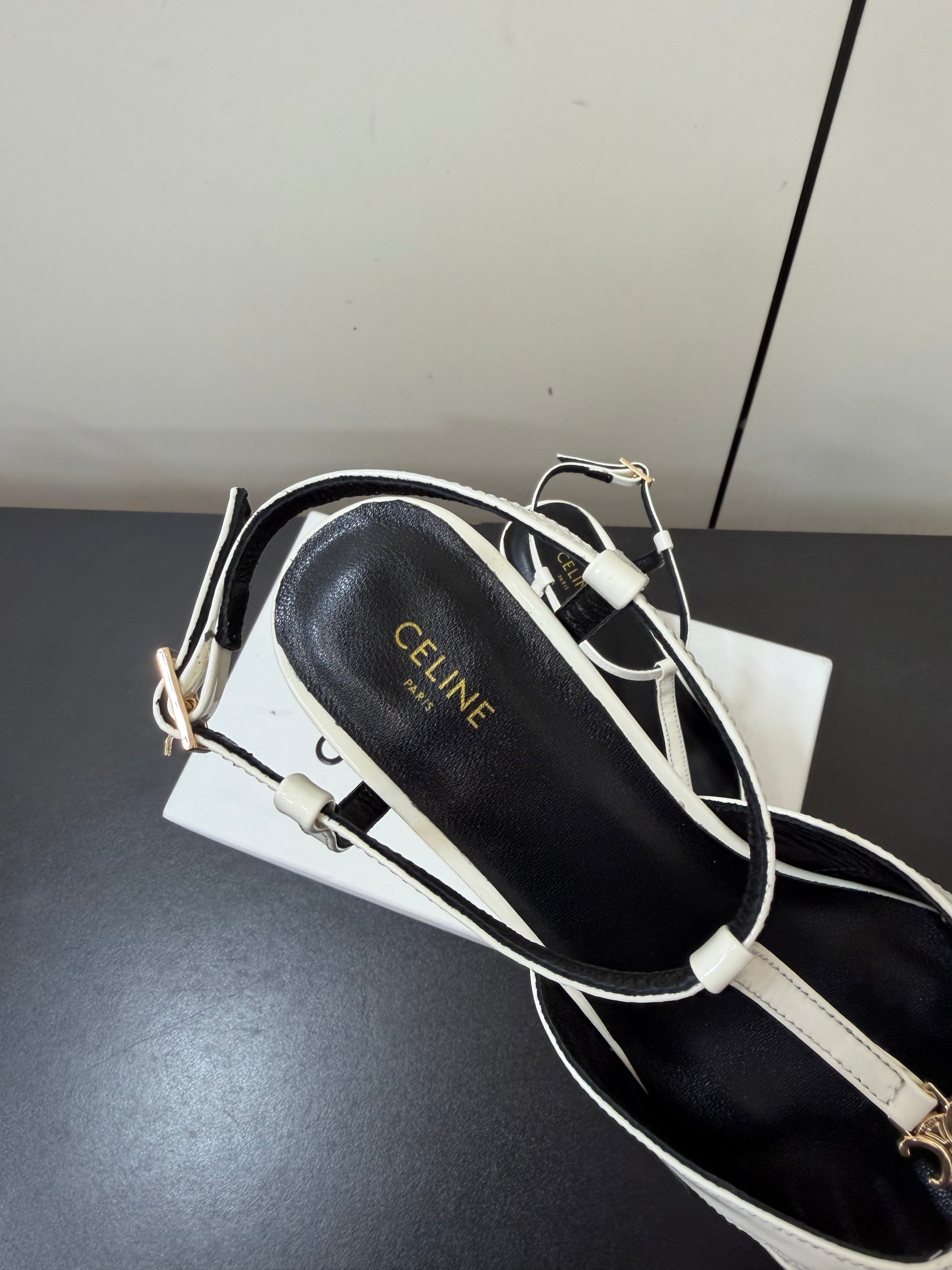 CELINE 26S TRIOMPHE T-STRAP SLINGBACK PUMPS IN WHITE PATENT CALFSKIN