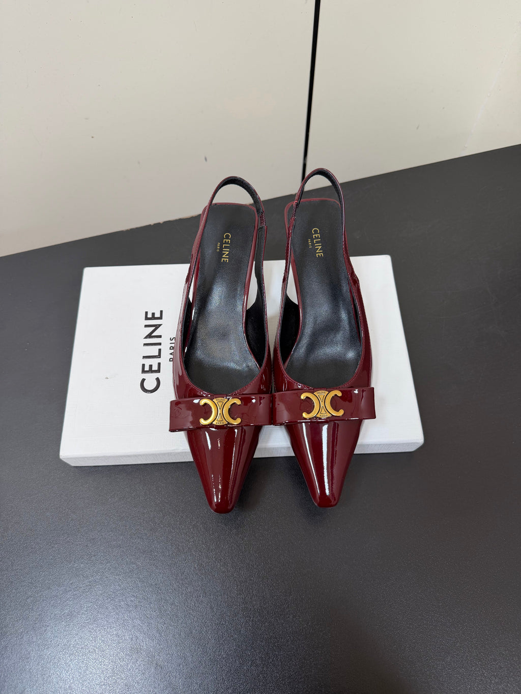 CELINE 26S TRIOMPHE SLINGBACK PUMPS IN BURGUNDY RED PATENT CALFSKIN GOLD HARDWARE