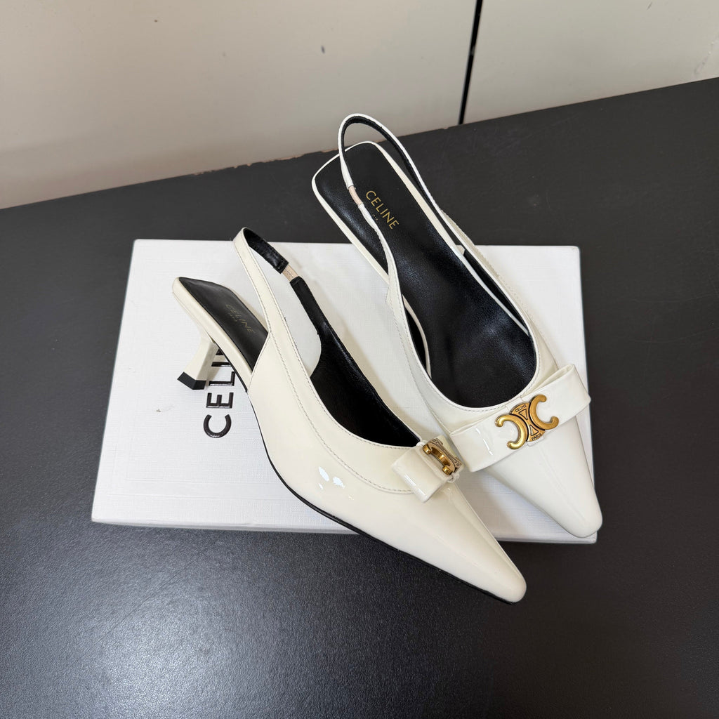 CELINE 26S TRIOMPHE SLINGBACK PUMPS IN WHITE PATENT CALFSKIN GOLD HARDWARE