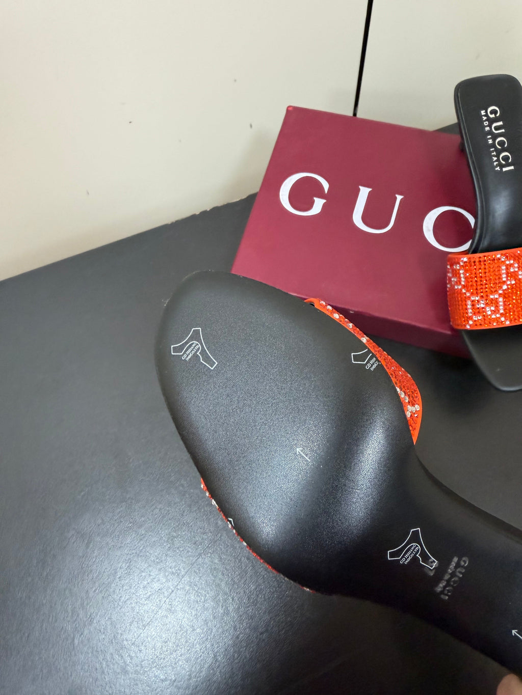 GUCCI 26S MULE SANDALS 55MM IN ORANGE SATIN CRYSTAL GG