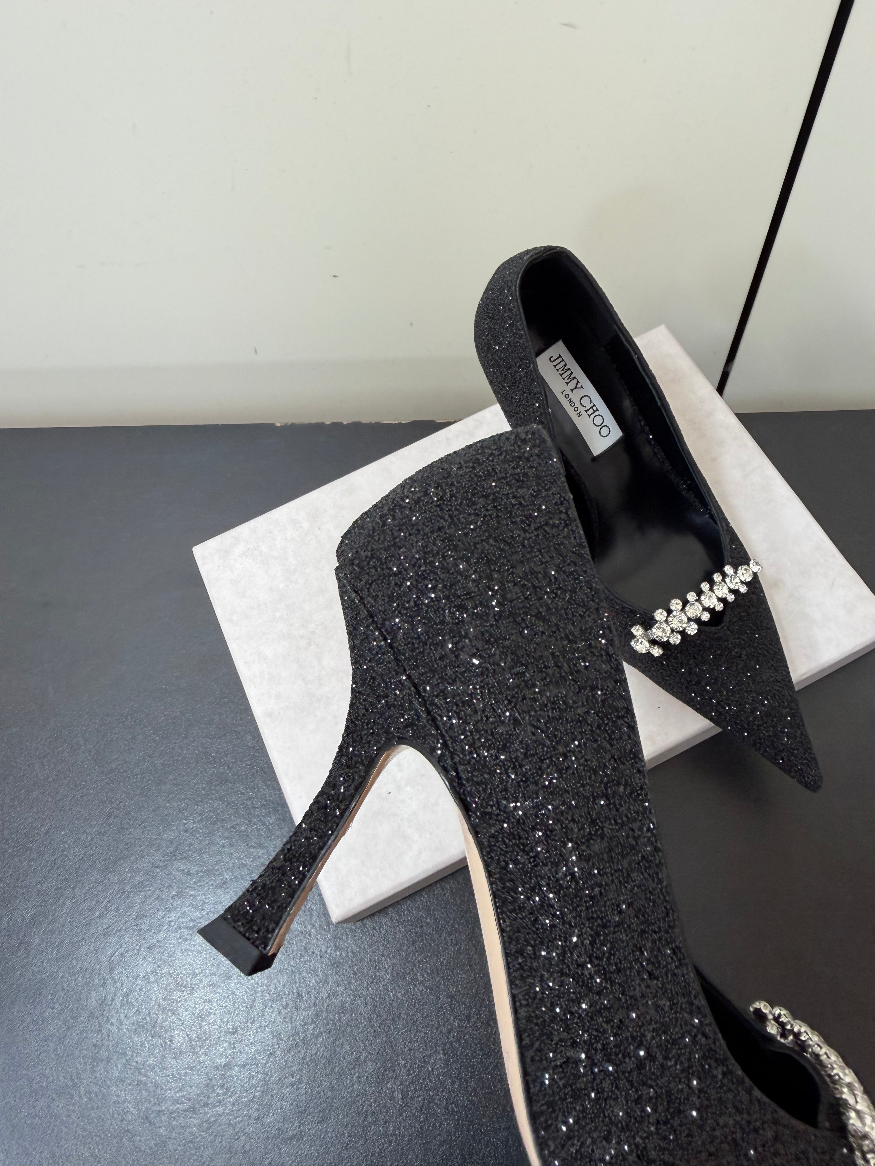 JIMMY CHOO 26S EMBELLISHED HIGH HEELS 90 MM IN BLACK GLITTER