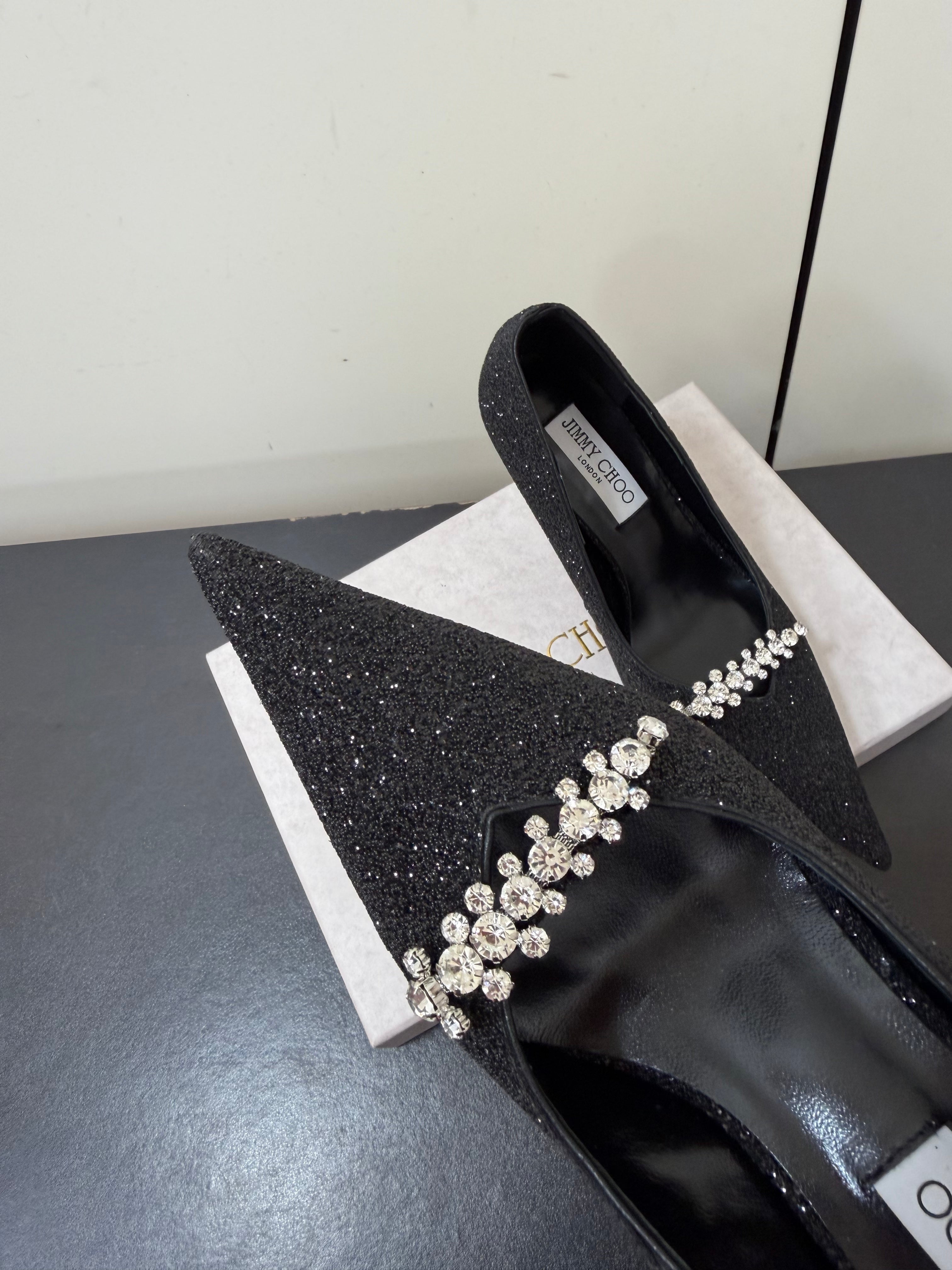 JIMMY CHOO 26S EMBELLISHED HIGH HEELS 90 MM IN BLACK GLITTER