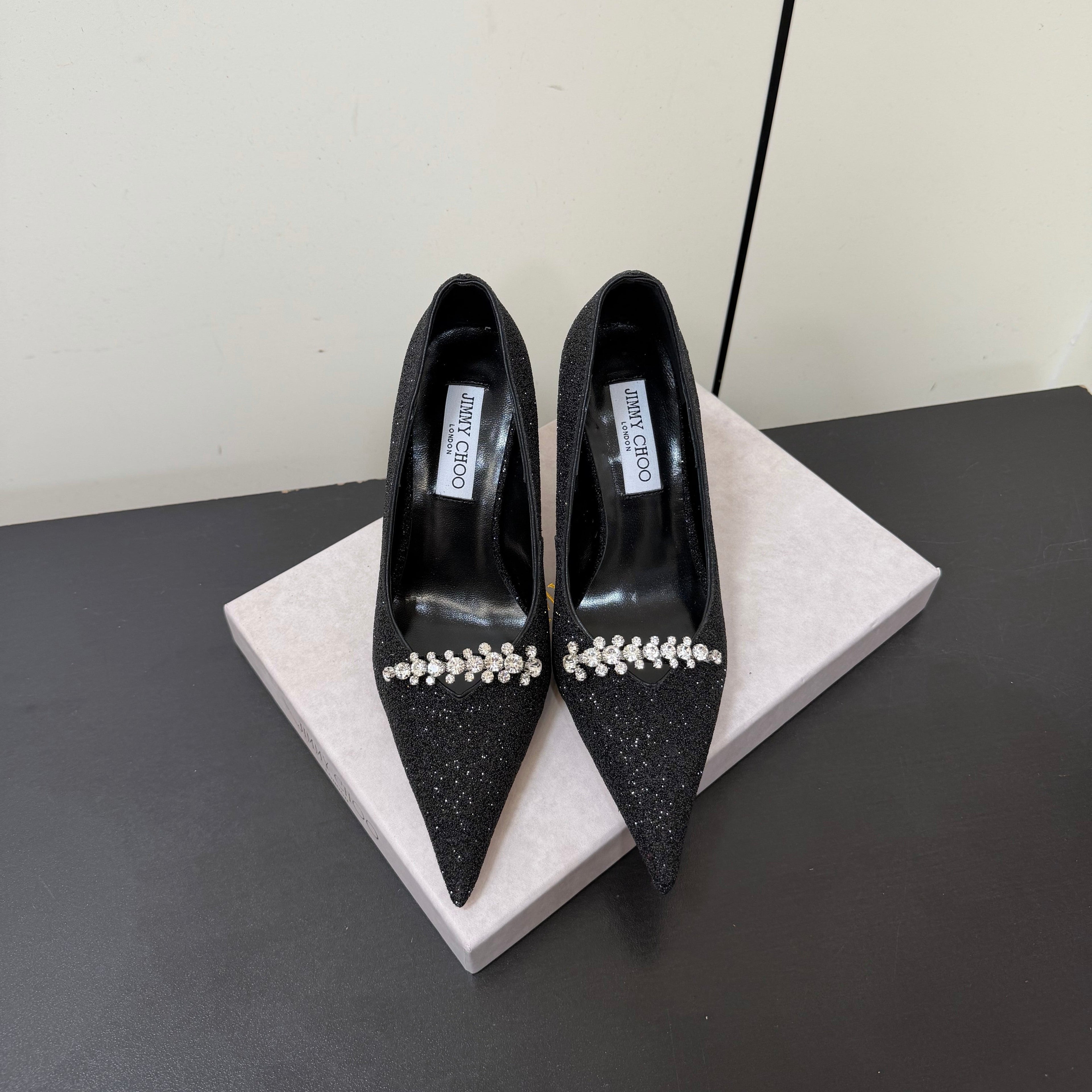 JIMMY CHOO 26S EMBELLISHED HIGH HEELS 90 MM IN BLACK GLITTER