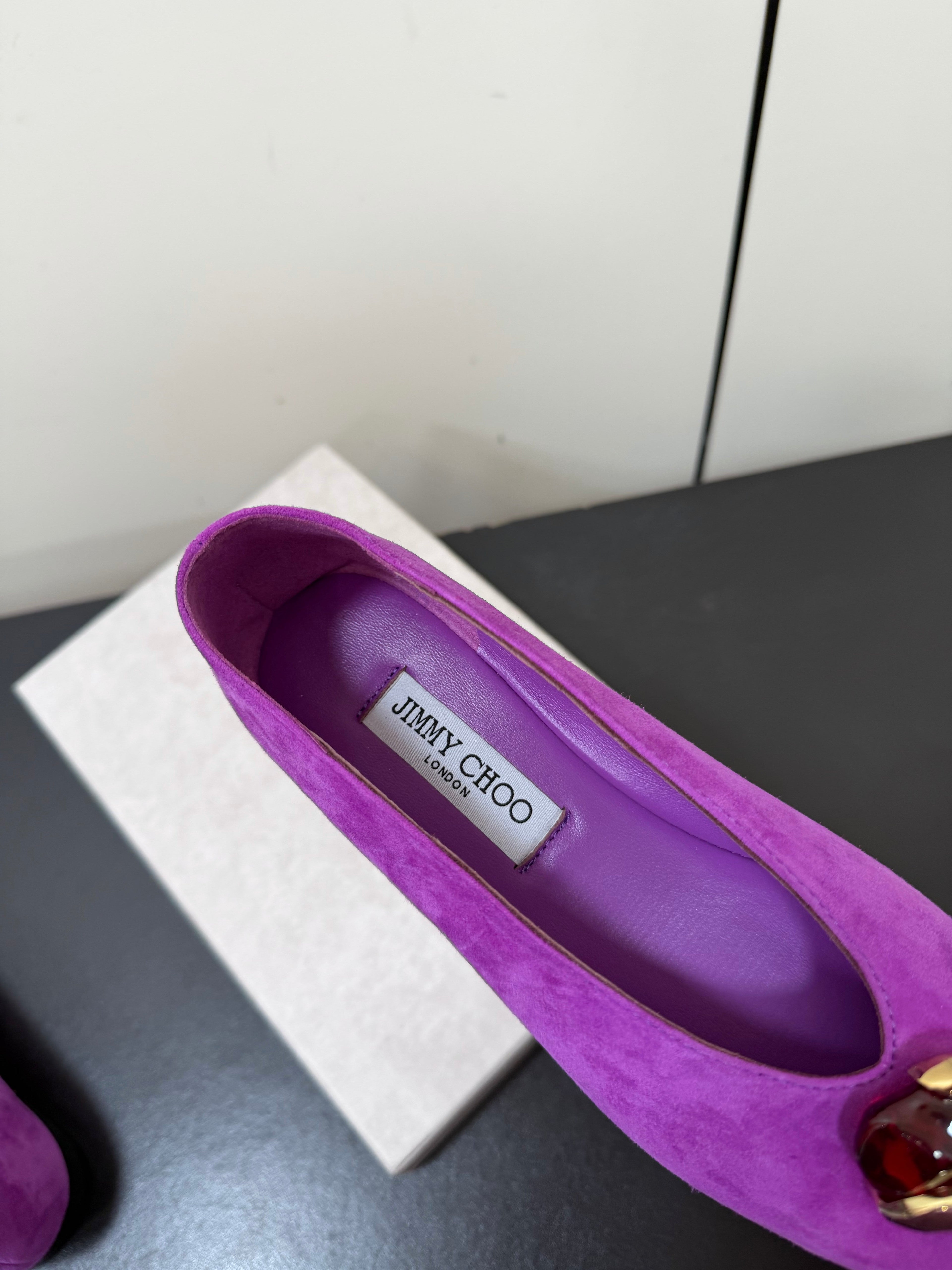 JIMMY CHOO 26S BALLET FLATS IN DARK PURPLE SUEDE