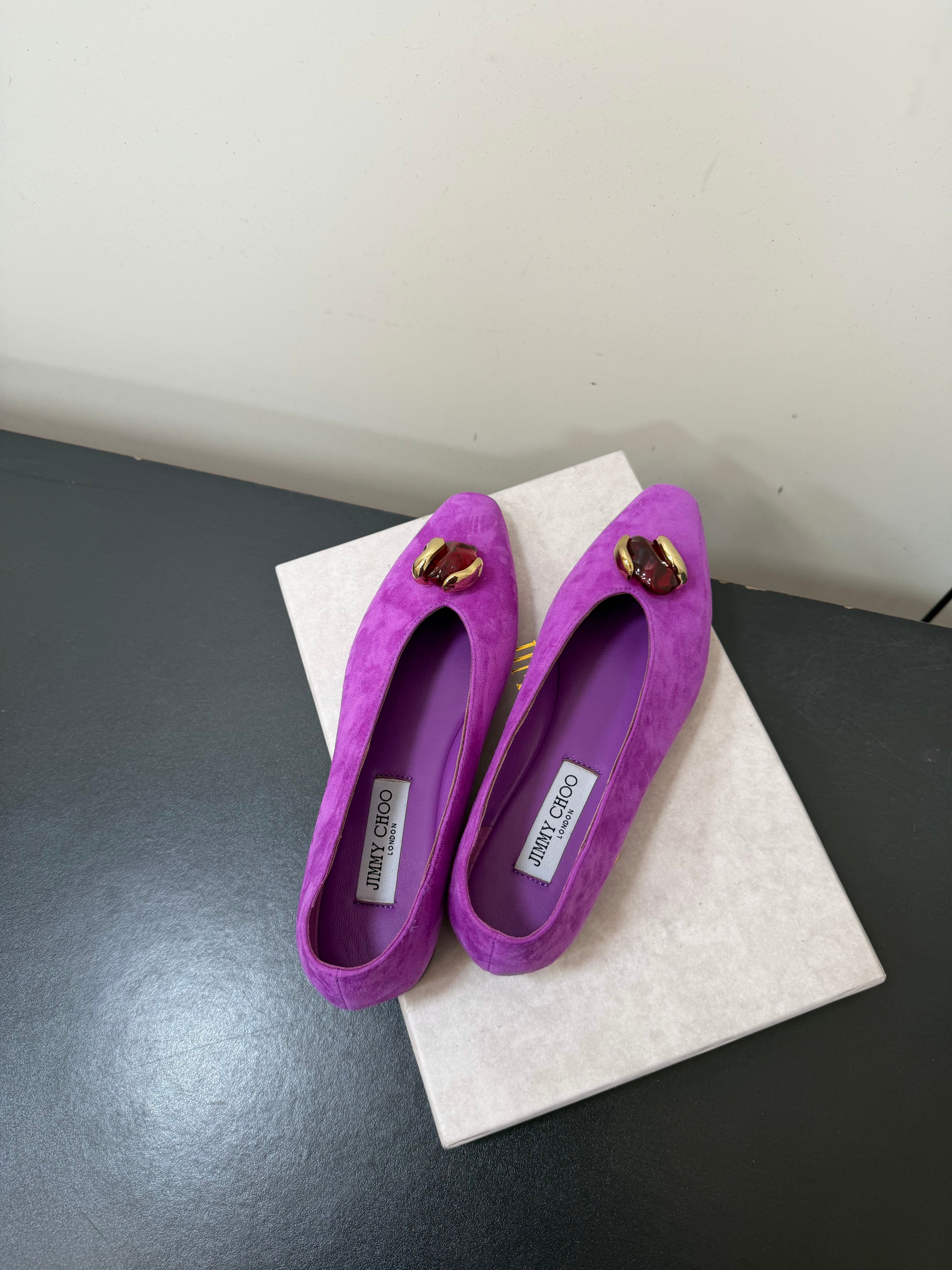 JIMMY CHOO 26S BALLET FLATS IN DARK PURPLE SUEDE