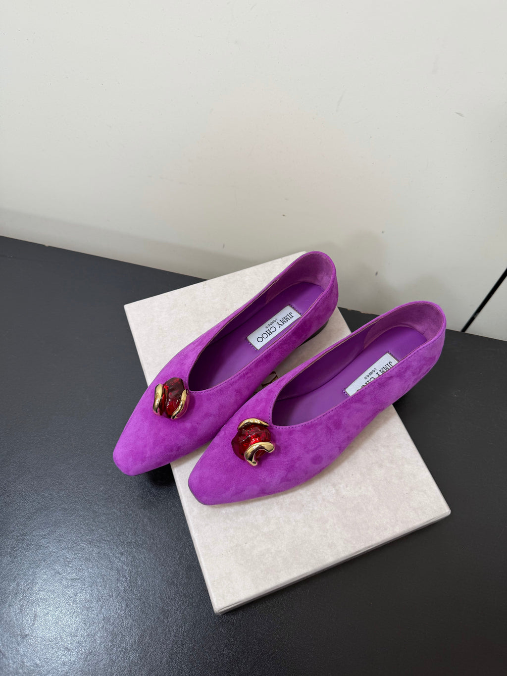 JIMMY CHOO 26S BALLET FLATS IN DARK PURPLE SUEDE